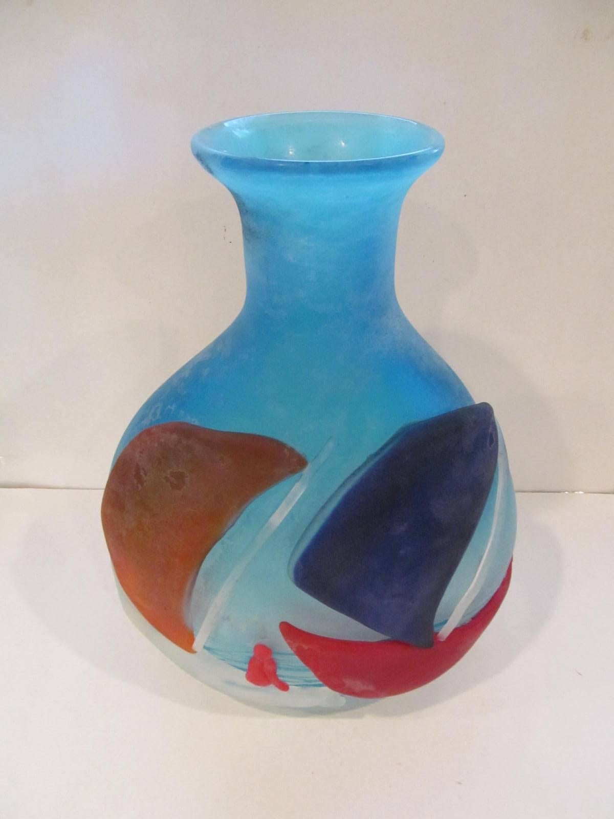 Italian Rare Cenedese Signed Scavo Murano Vase with Sailor and Boat