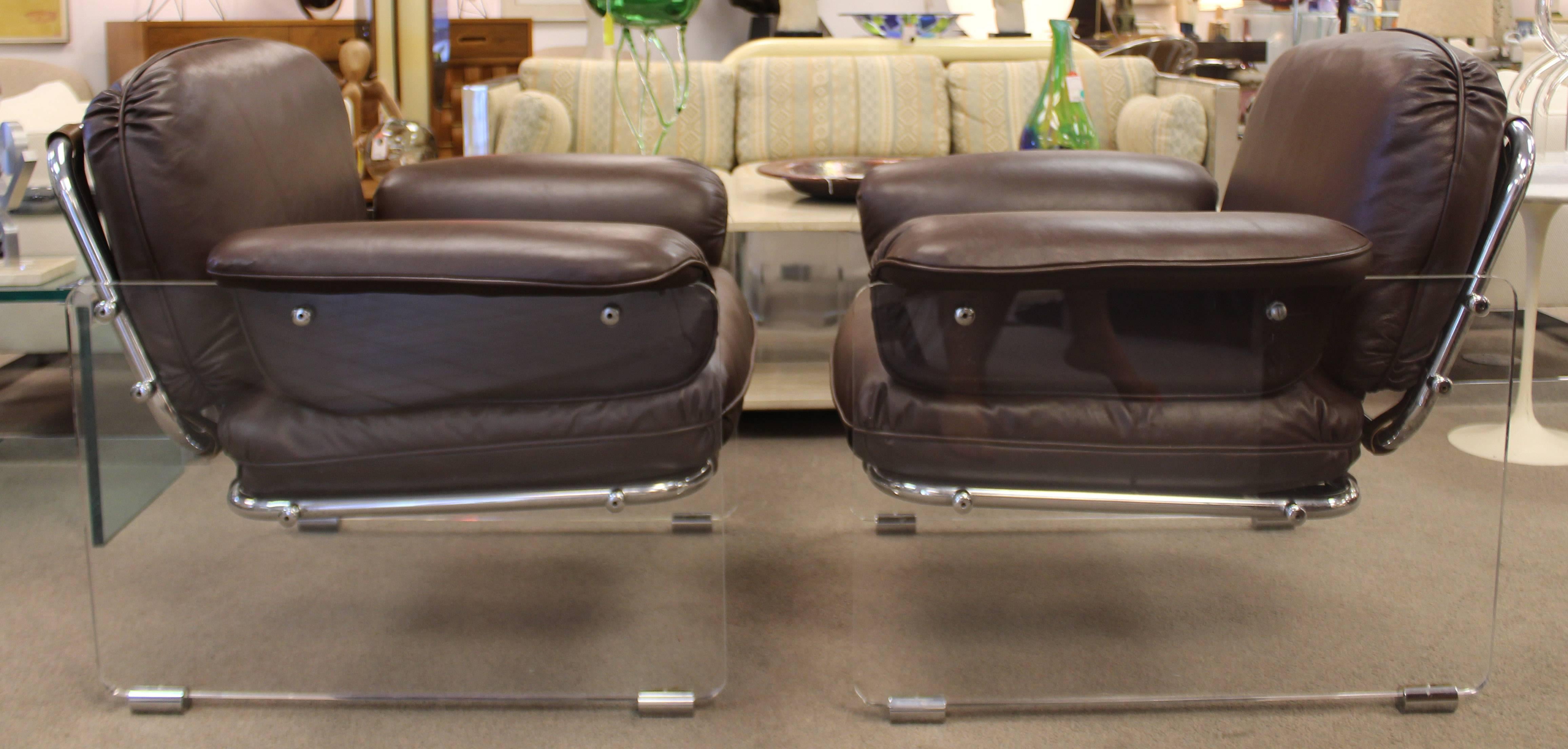 Mid-Century Modern Pair of Lucite and Chrome Pace Argenta Lounge Chairs in Brown Leather