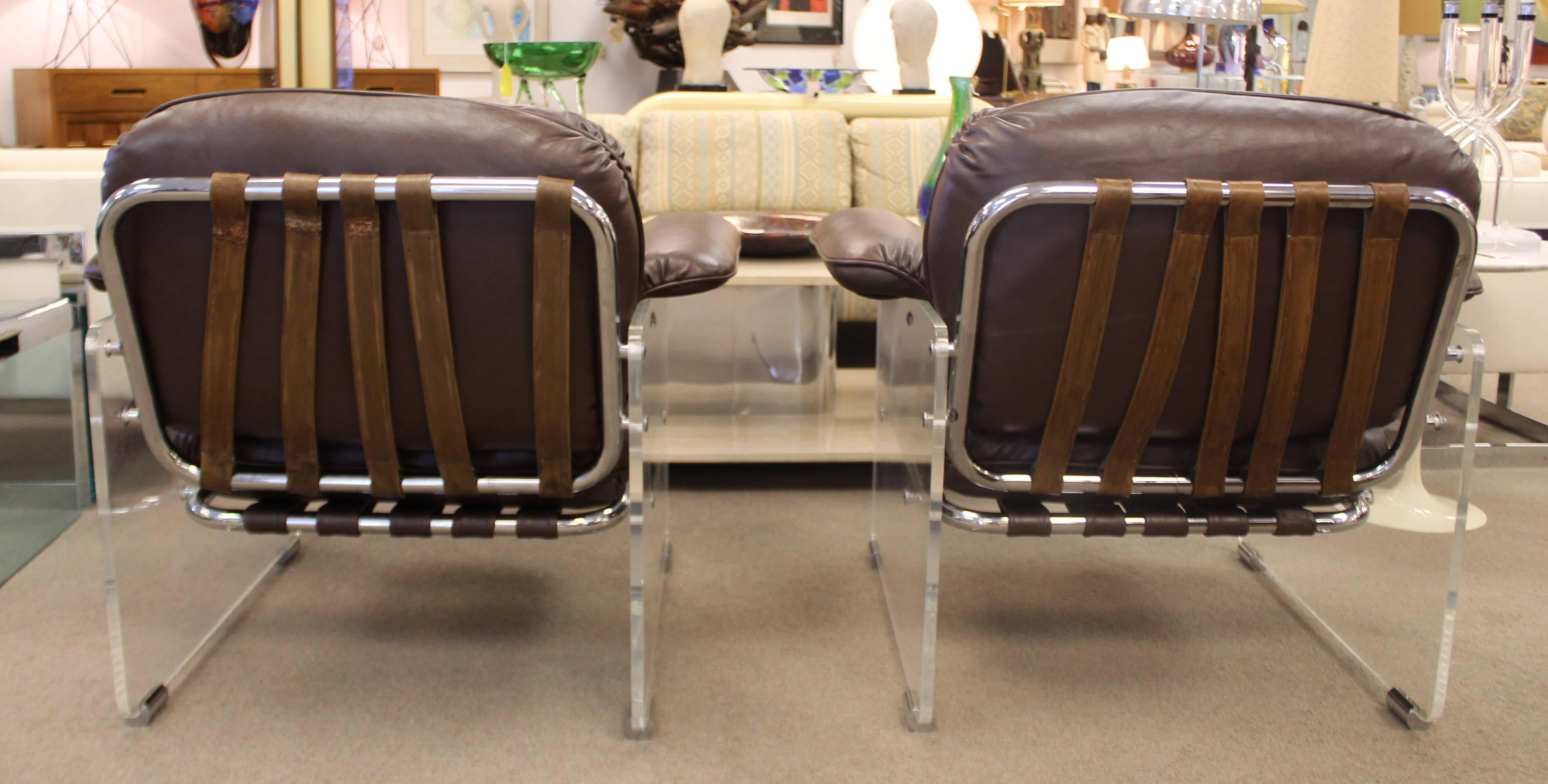 Italian Pair of Lucite and Chrome Pace Argenta Lounge Chairs in Brown Leather