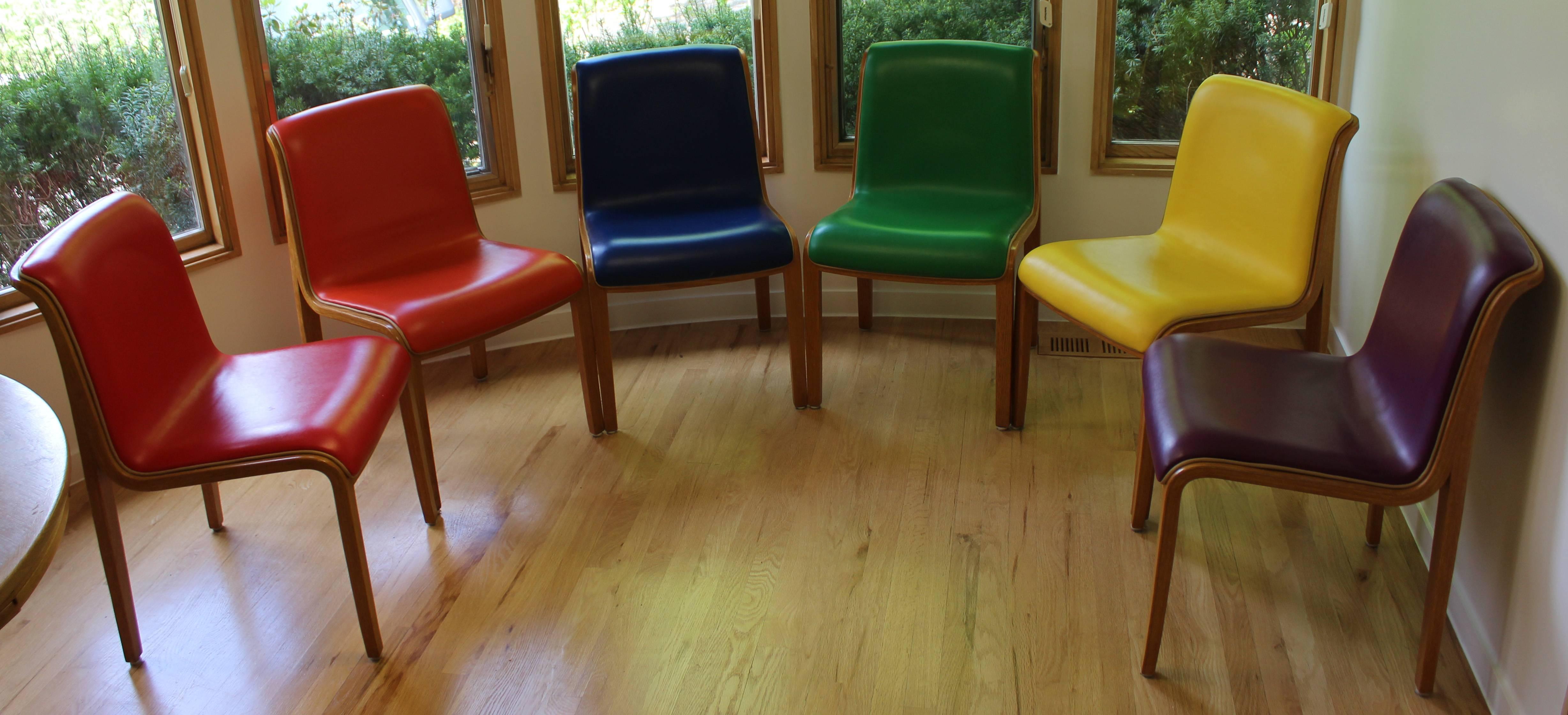 Mid-Century Modern Bill Stephens for Knoll Leather Dining Side Chairs Set of Six Rainbow