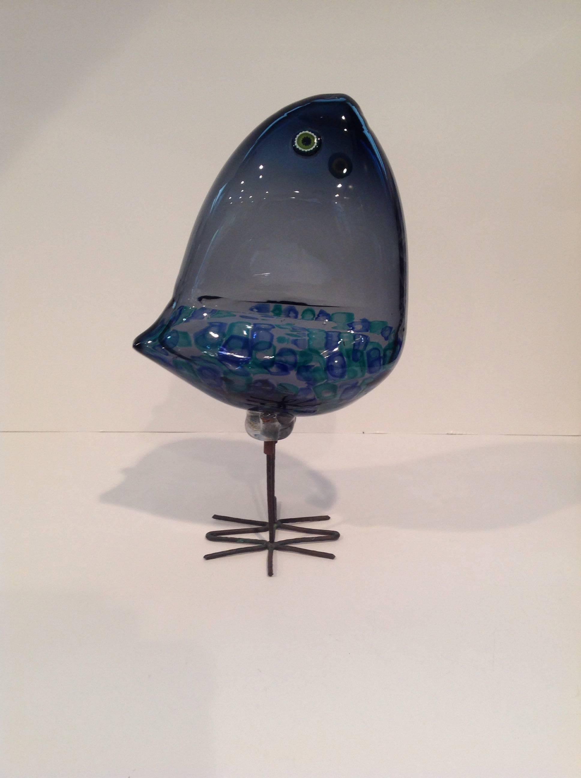 Wonderful Pulcino bird designed by Alessandro Pianon for Vistosi. Murrine glass and murrine eyes on copper legs.