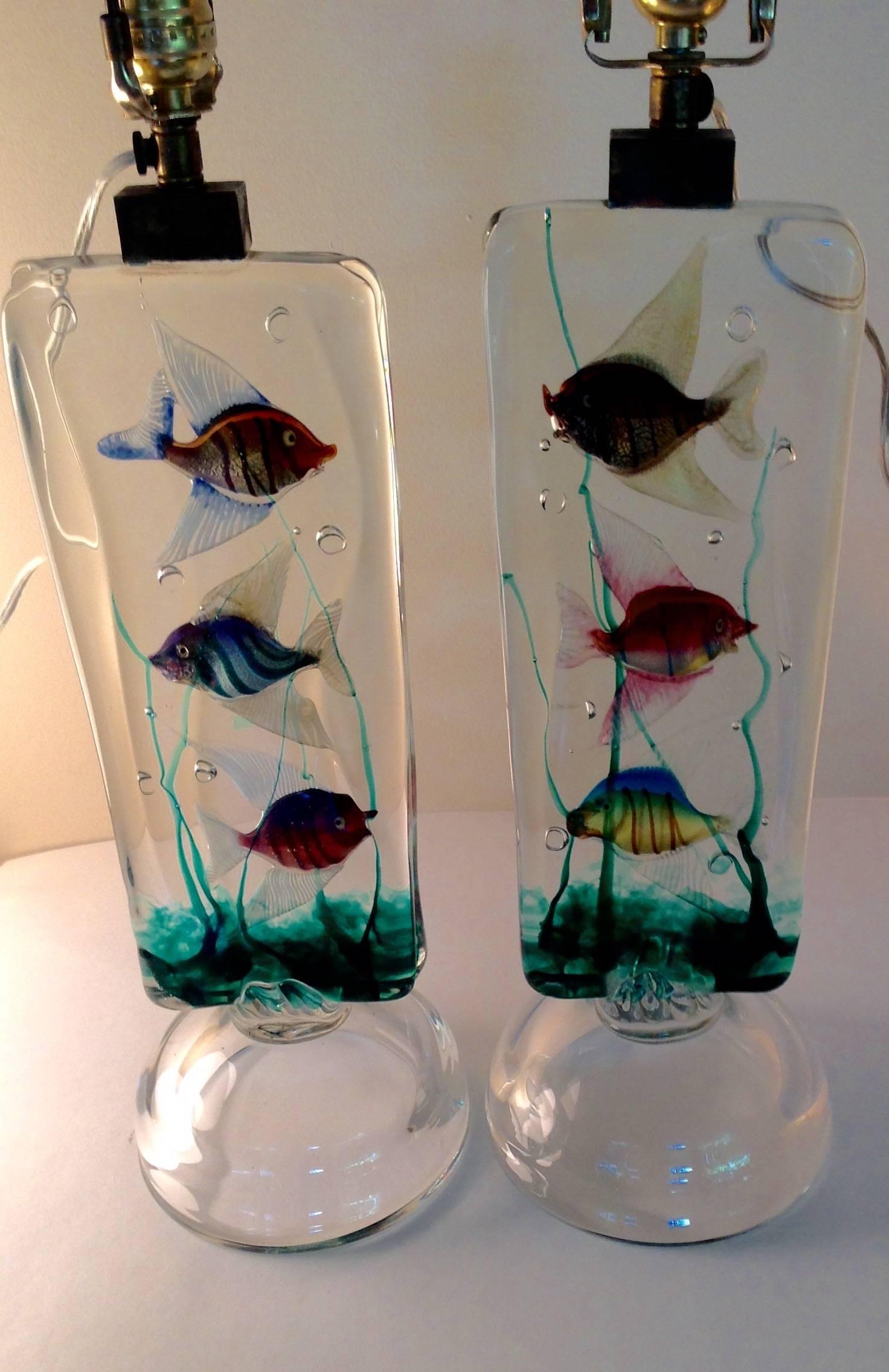 Rare pair of Alfredo Barbini Murano aquarium lamps. Glass height varies slightly at 16.75 inches and 16.25 inches. Original handblown pair.
