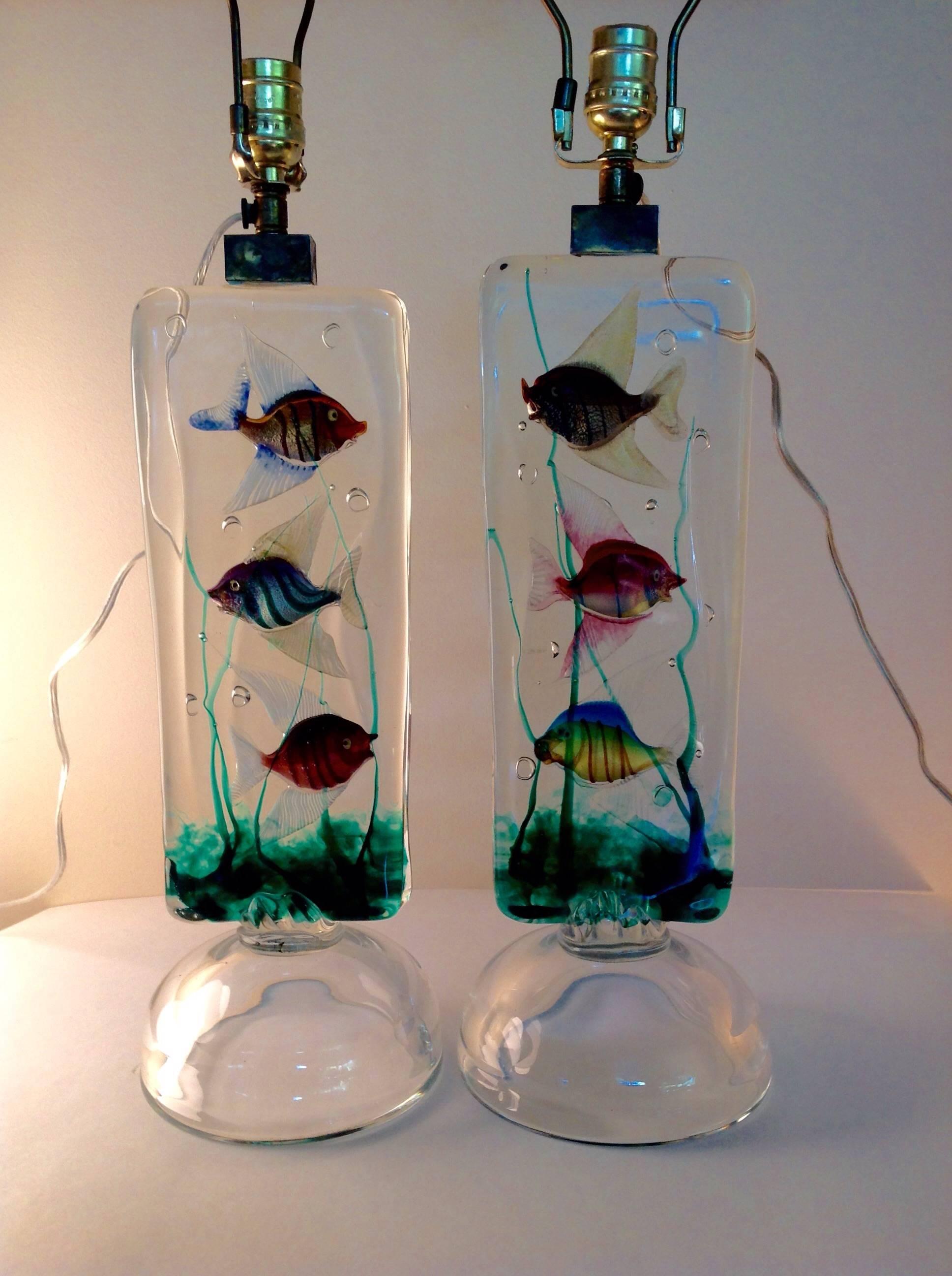Italian Pair of Alfredo Barbini Murano Aquarium Lamps