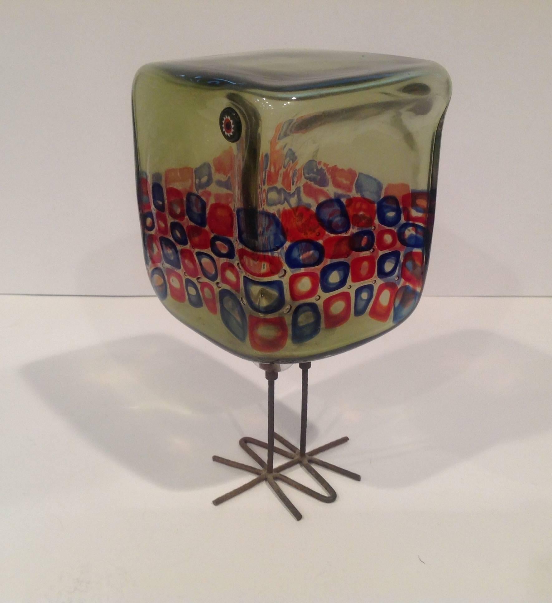 Great square form Vistosi Bird with decorative murrines designed by Alessandro Pianon.
