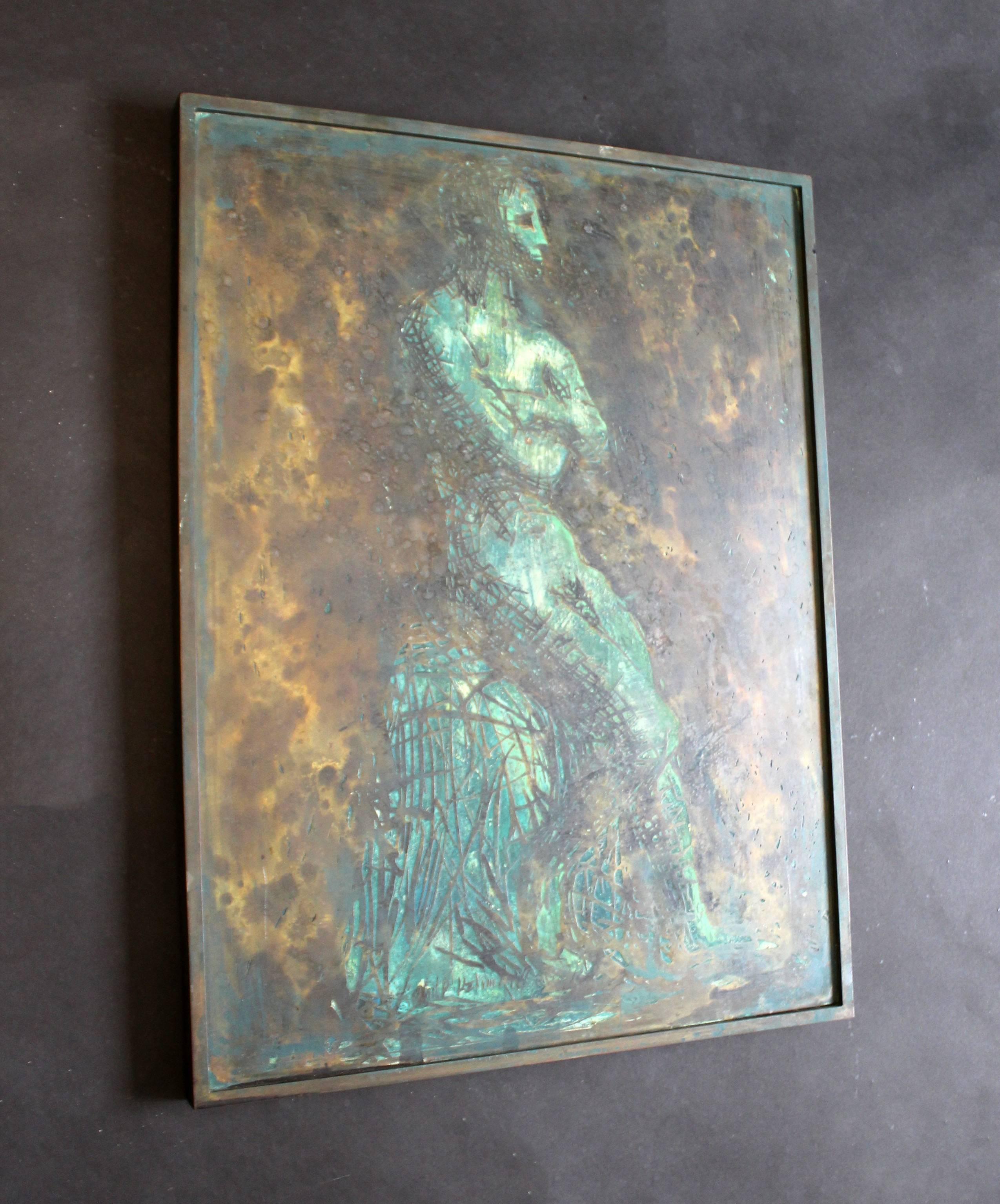 For your consideration is a wall plaque, depicting a beautifully vulnerable, male nude, by Philip and Kelvin LaVerne. Patinated and enameled bronze. In excellent condition. The dimensions are 18