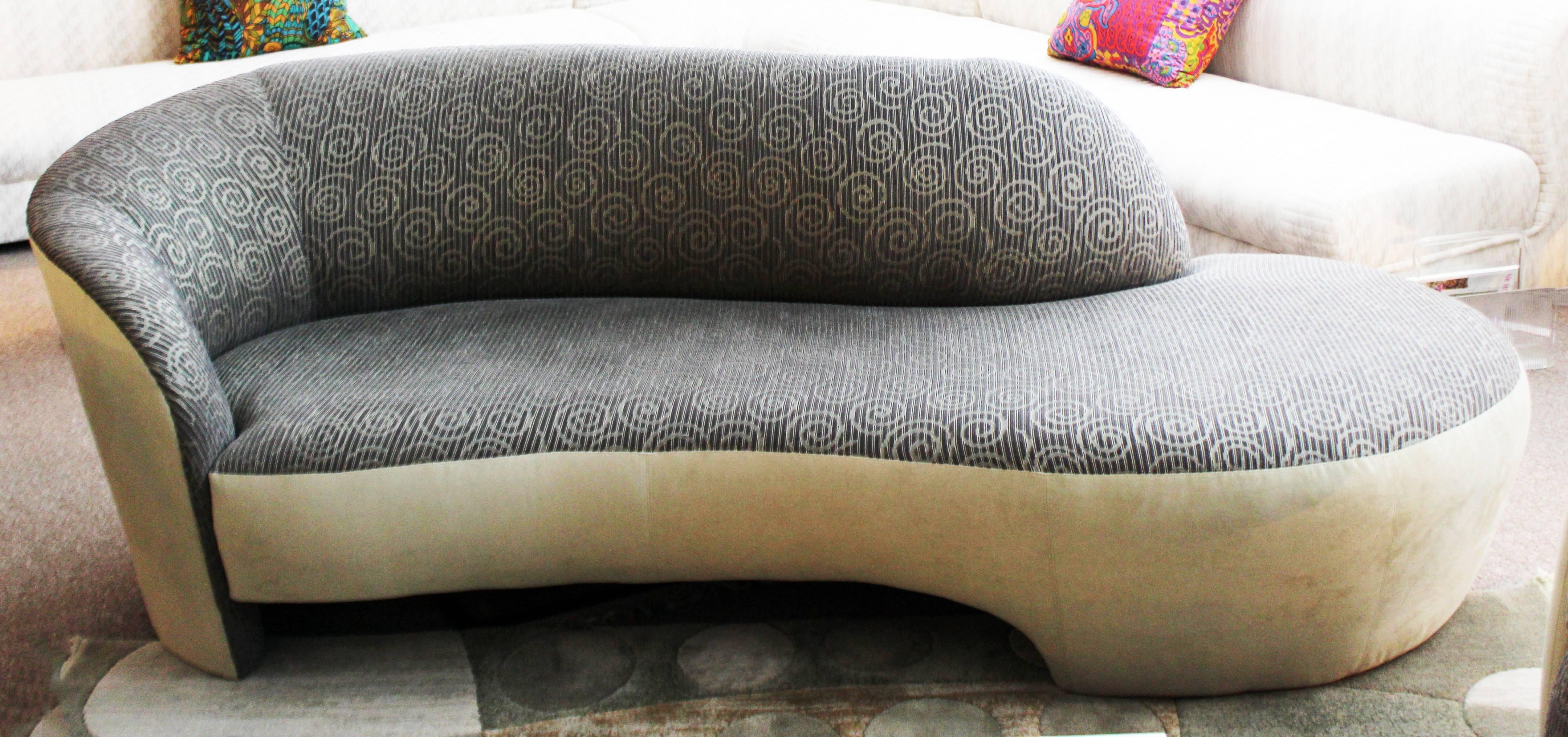 Incredible curved chaise sofa by Weiman. Suede bottom and sides. In excellent condition. Pair of matching chairs available in separate posting. The dimensions are 93