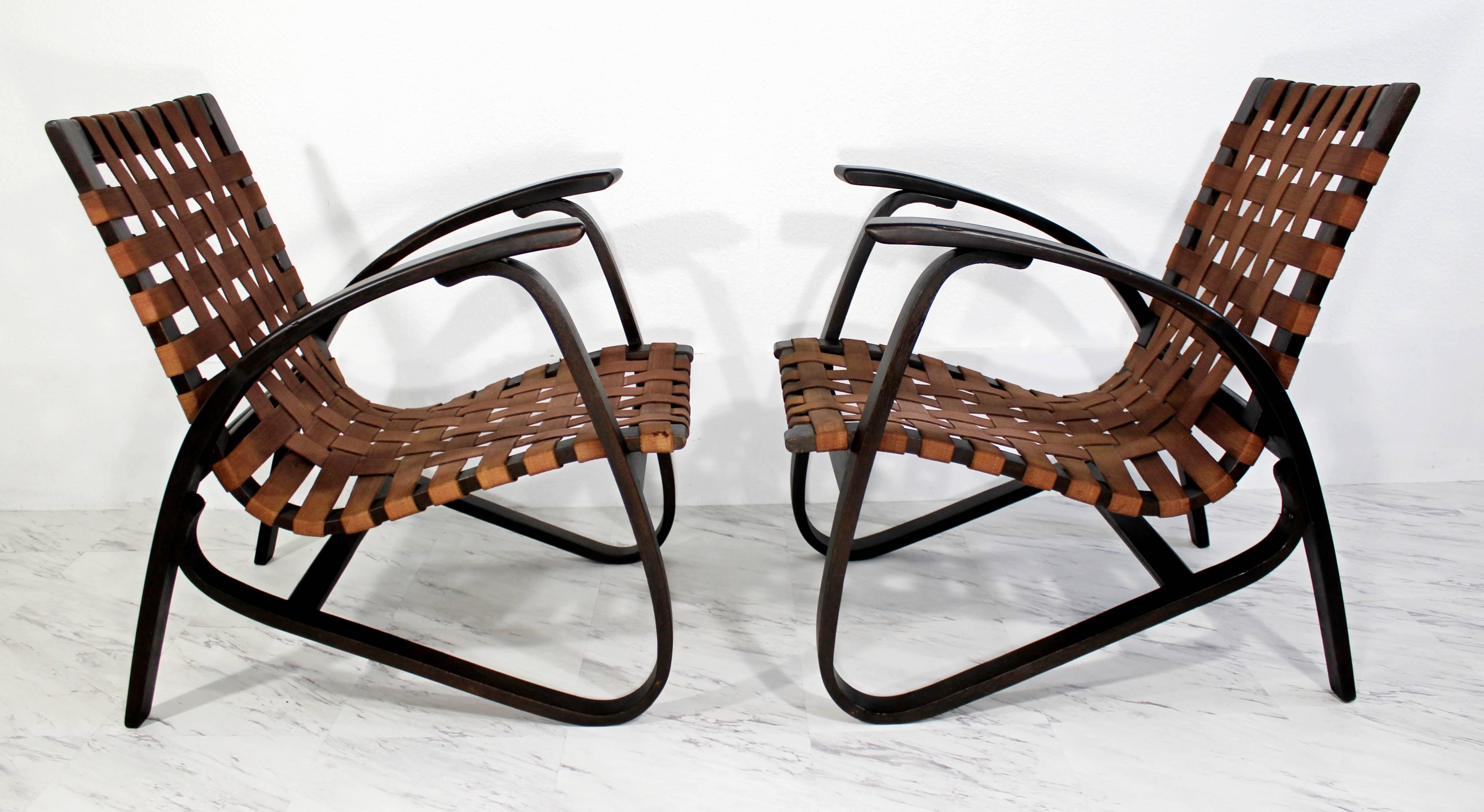 Czech Jan Vanek Pair of Bentwood Easy Armchairs with Woven Straps For Sale