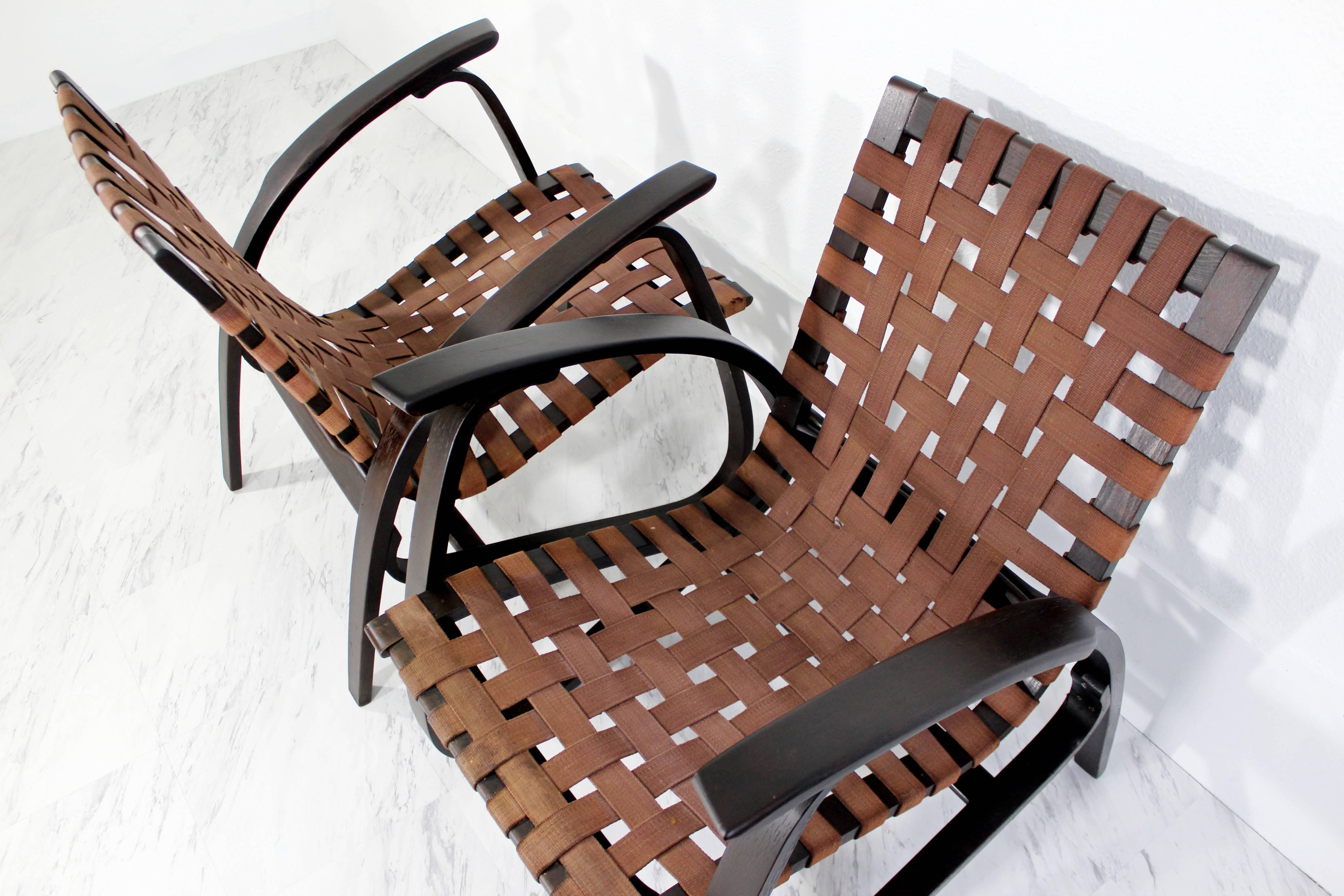 Mid-20th Century Jan Vanek Pair of Bentwood Easy Armchairs with Woven Straps For Sale
