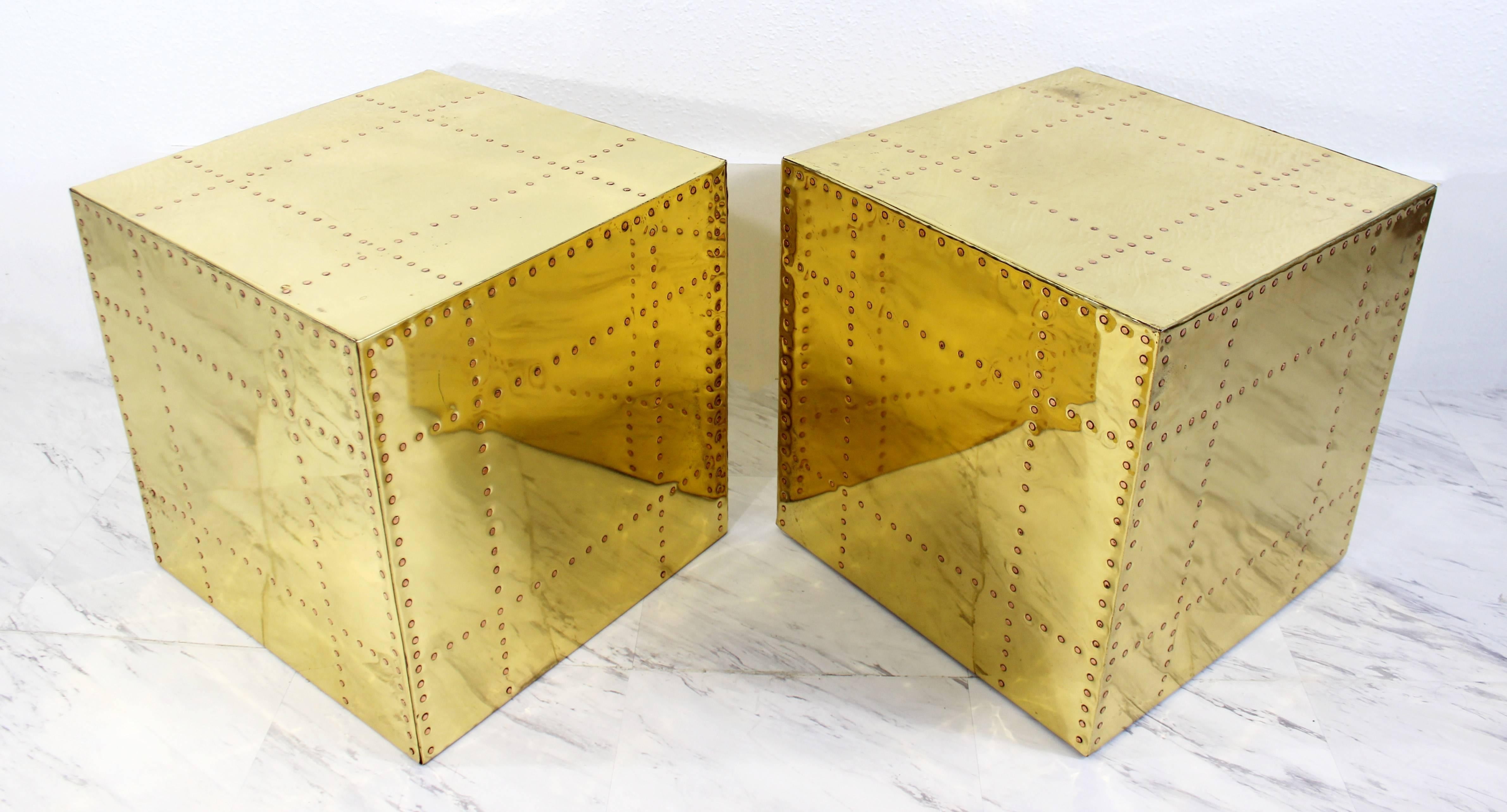 For your consideration is a lovely pair of Sarreid, plated brass, cube side tables, made in Spain. Original burn stamp signed Sarreid. In great condition. The dimensions are 16