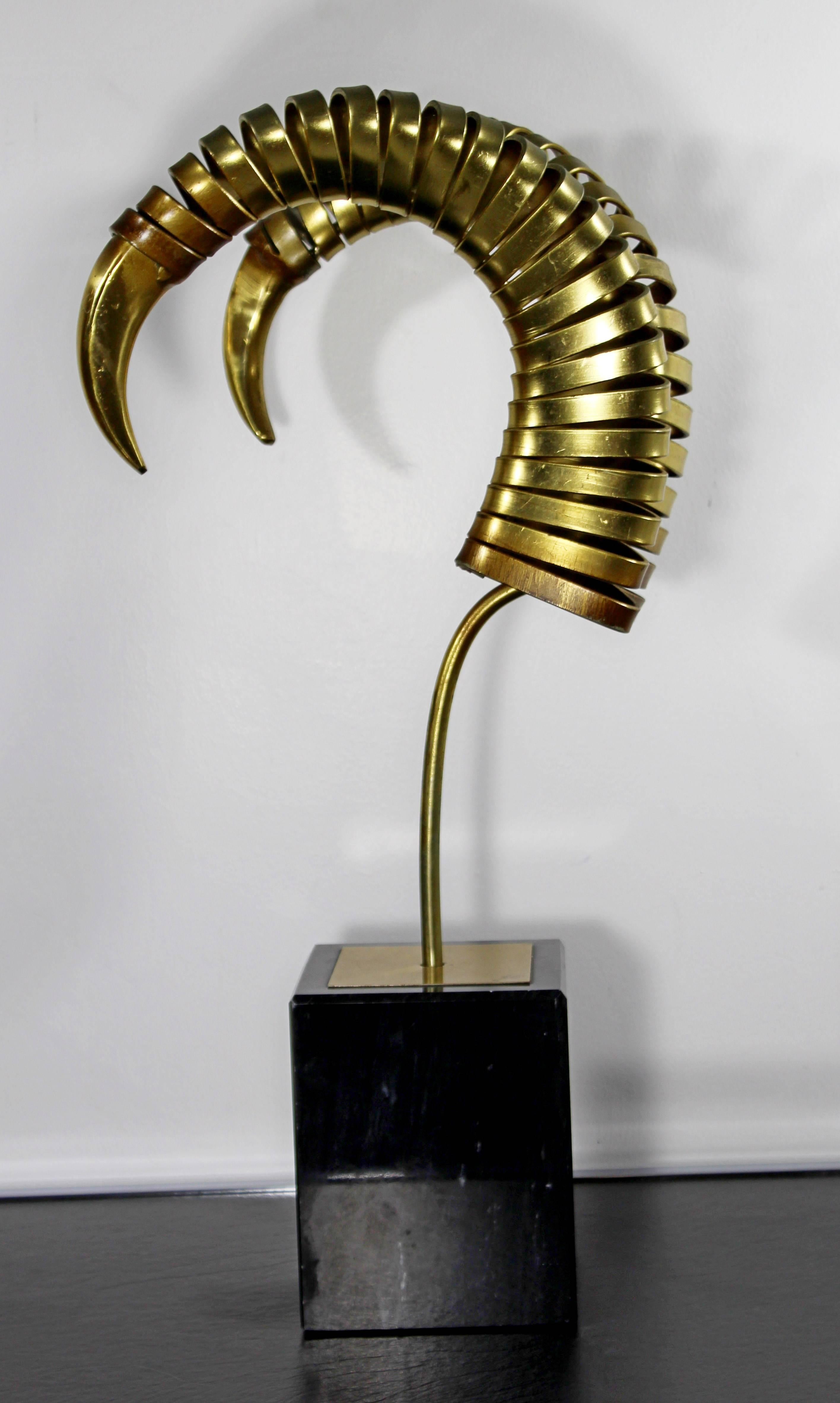 Mid-Century Modern Curtis Jere Brass Ram's Horns Sculpture Marble Signed Dated 1983