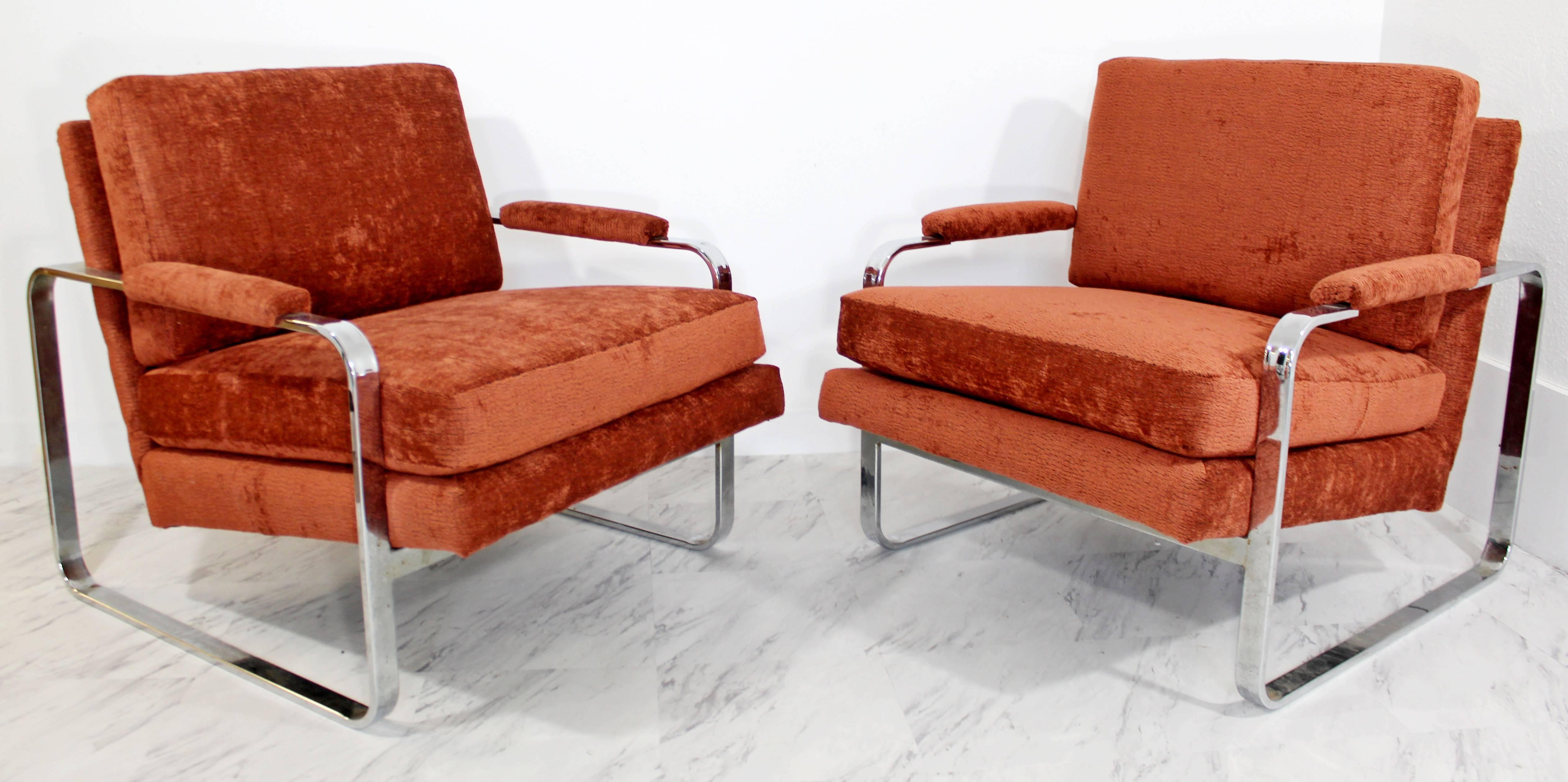 American Mid-Century Pair of Milo Baughman Flat Bar Chrome Lounge Chairs