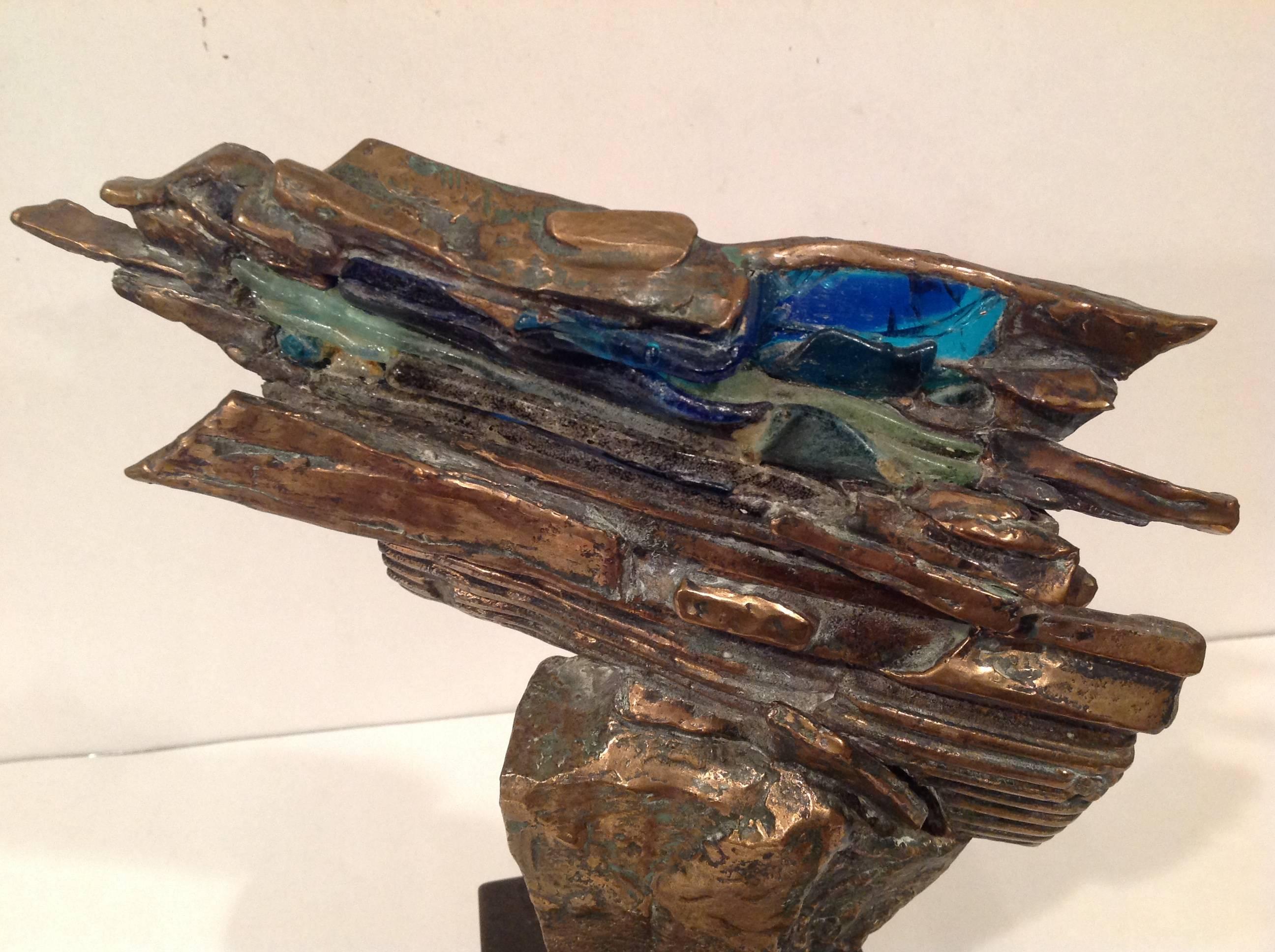 Rare signed bronze and glass sculpture titled 