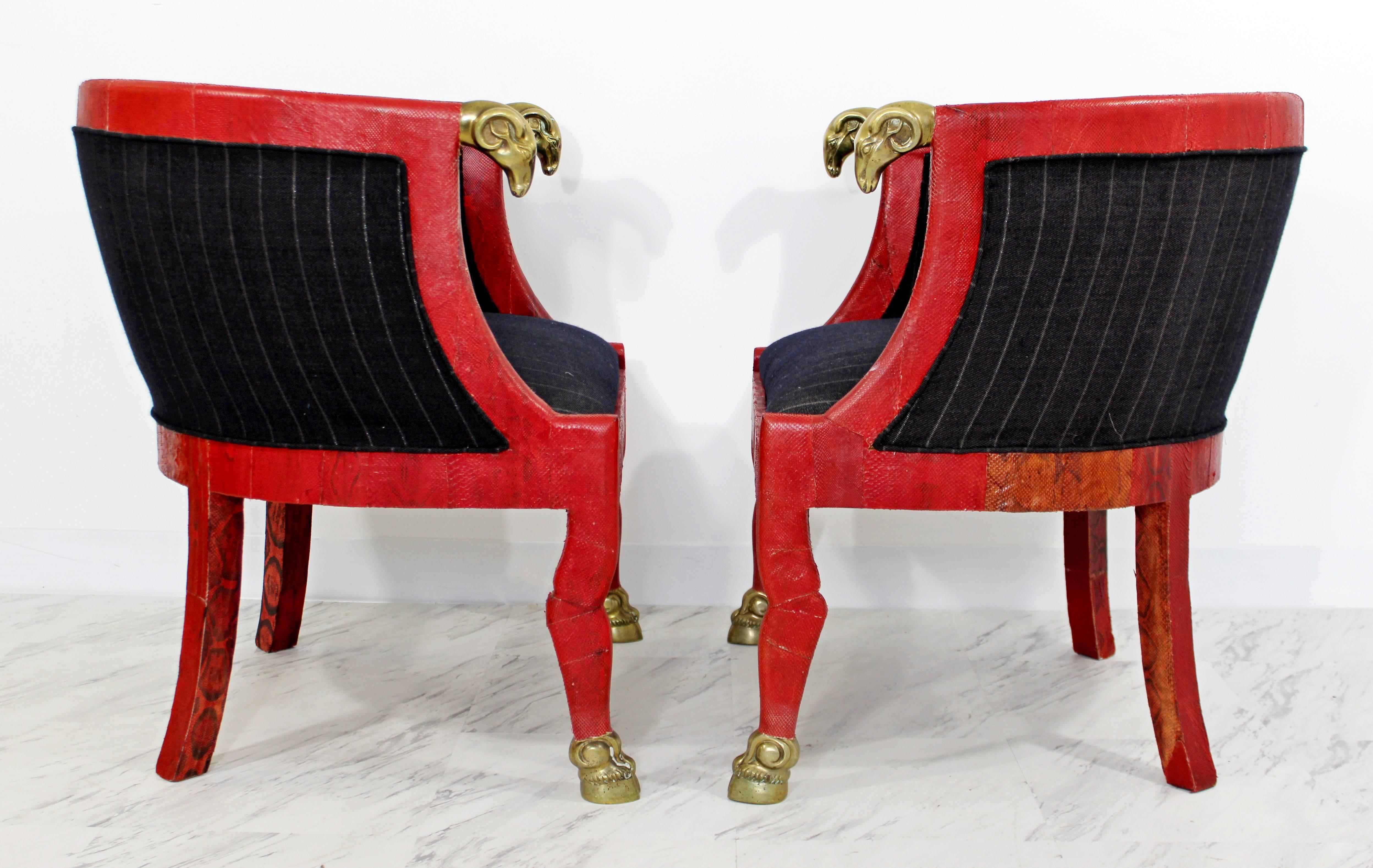 Mid-Century Modern Hollywood Regency Pair of Red Goatskin Barrel Chairs