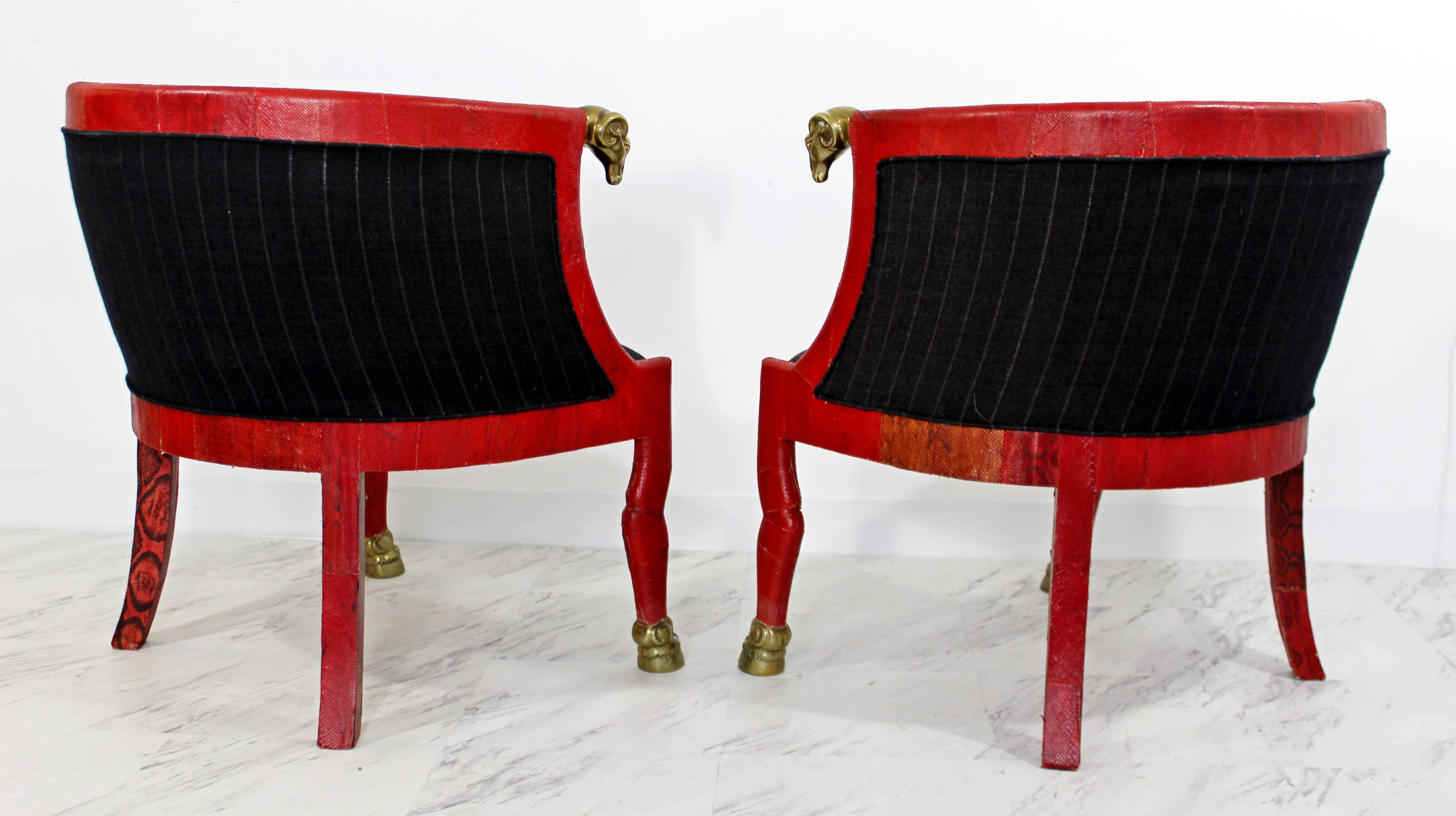 Colombian Hollywood Regency Pair of Red Goatskin Barrel Chairs