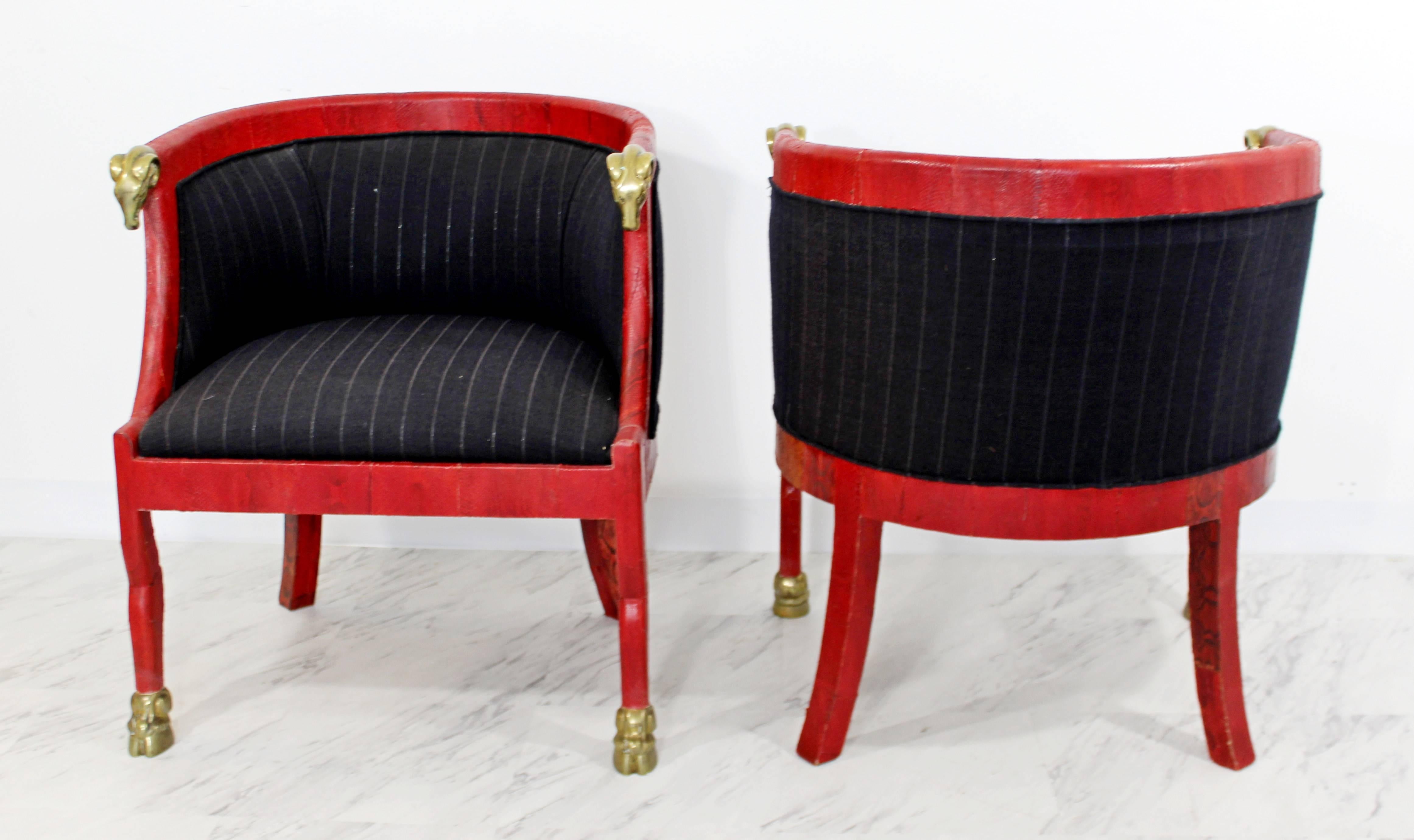 Hollywood Regency Pair of Red Goatskin Barrel Chairs In Excellent Condition In Keego Harbor, MI