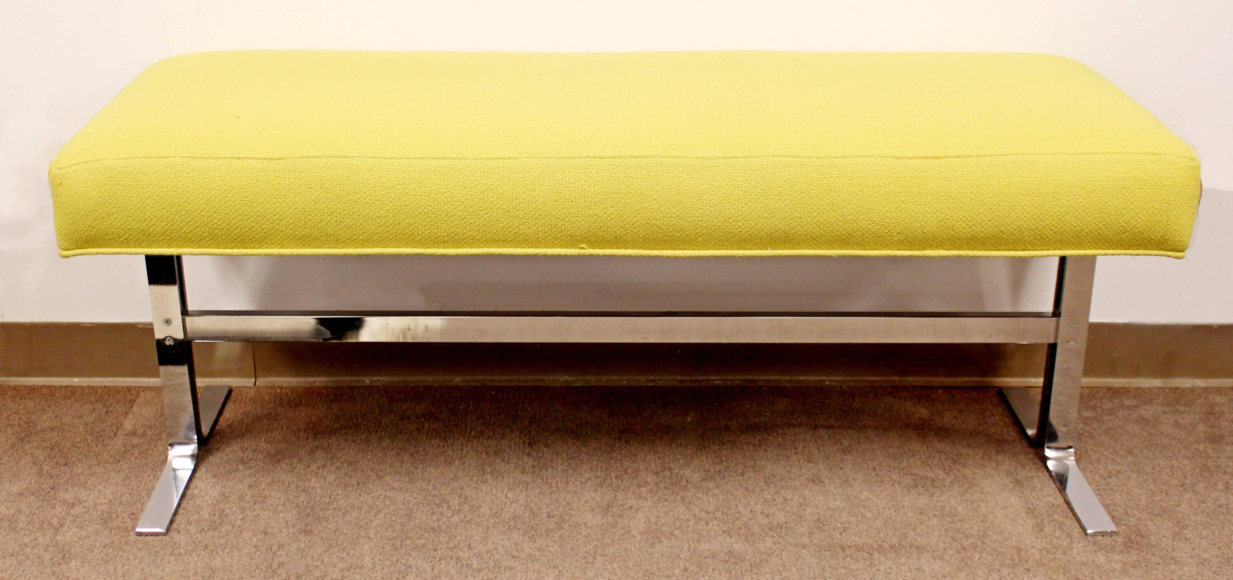 For your consideration is a yellow on chrome, bench by Pace. Just back from being professionally reupholstered in a nubby yellow Kravets fabric. In excellent condition. The dimensions are 50