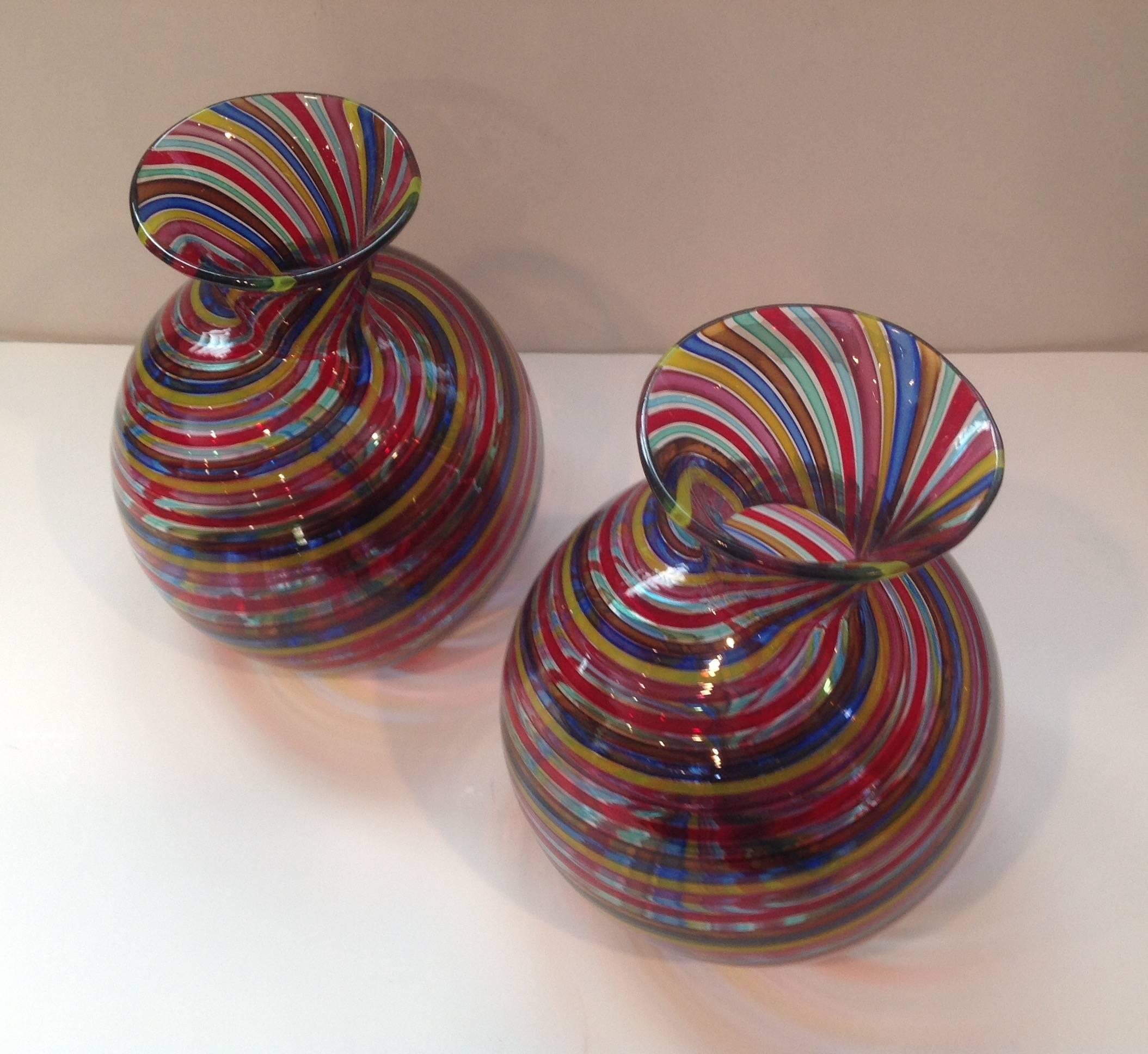 Mid-20th Century Rare Pair of Murano Mezza Filligrana Vases Attributed to Dino Martens For Sale