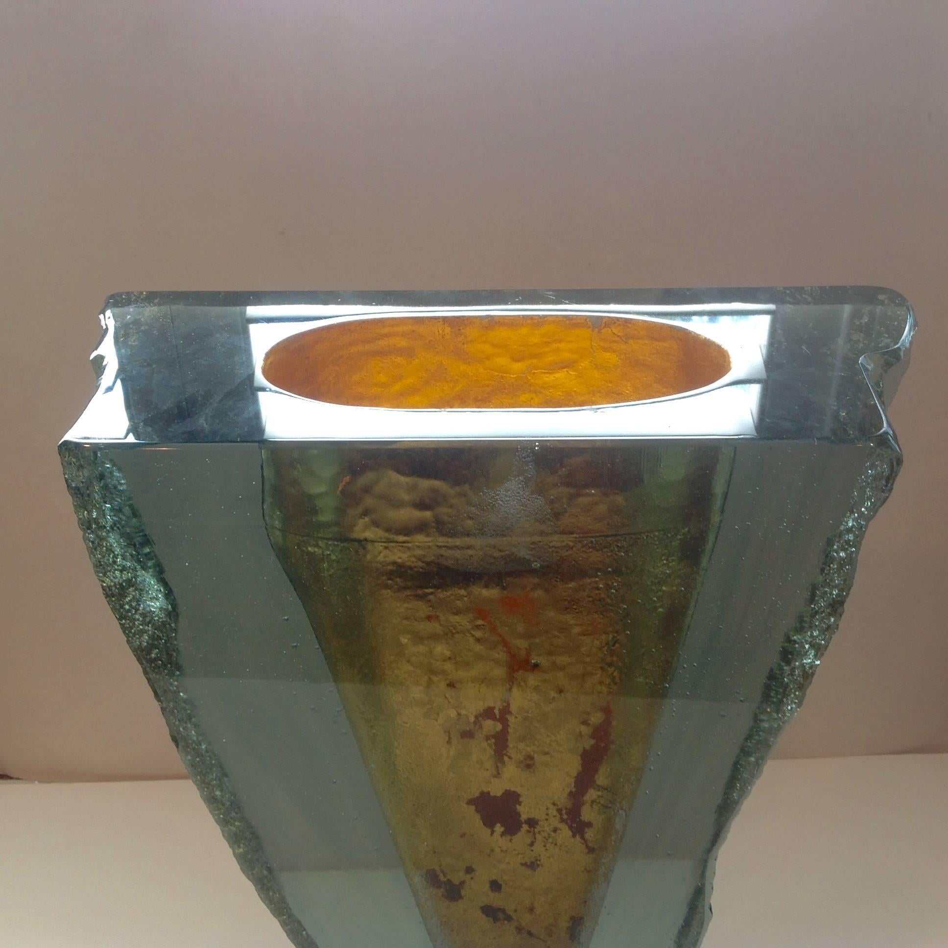 Amazing signed studio glass vase by John Lewis. Gold leaf interior. Leaf is applied in an abstract pattern to look excavated.