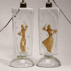 Pair of Rare Alfredo Barbini Murano Dancer Lamps for Cenedese, 1950s