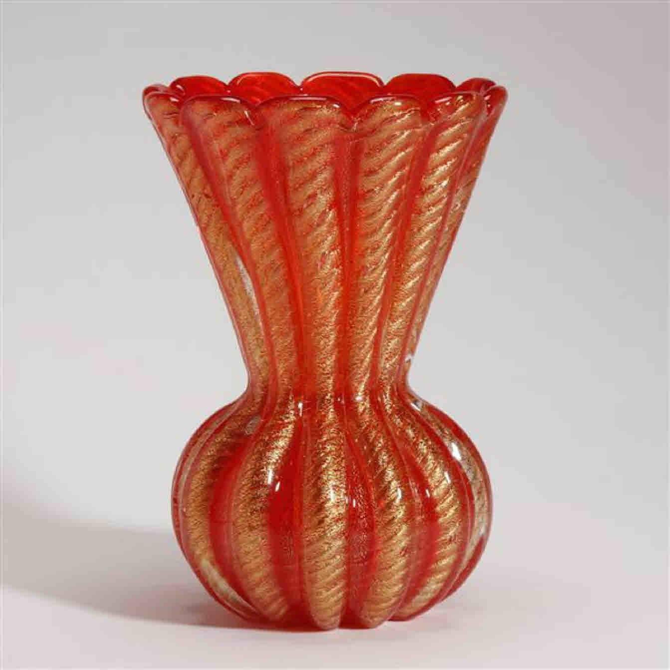 Mid-Century Modern Brilliant Red Cordonato D'oro Murano Vase by Barovier and Toso