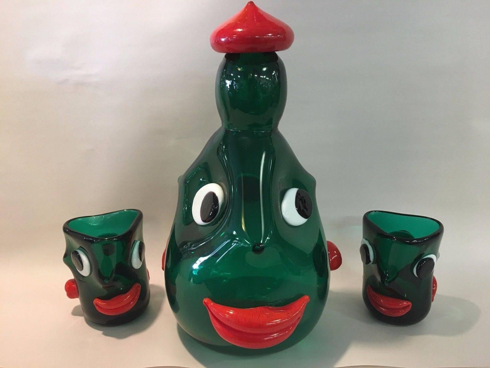 Mid-Century Modern Rare Anzolo Fuga for AVEM Murano Drink Set with Applied Faces For Sale