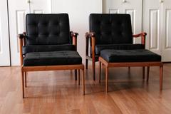 American Studio Craft Carved Sculptural Solid Teak Lounge Chairs Footstools