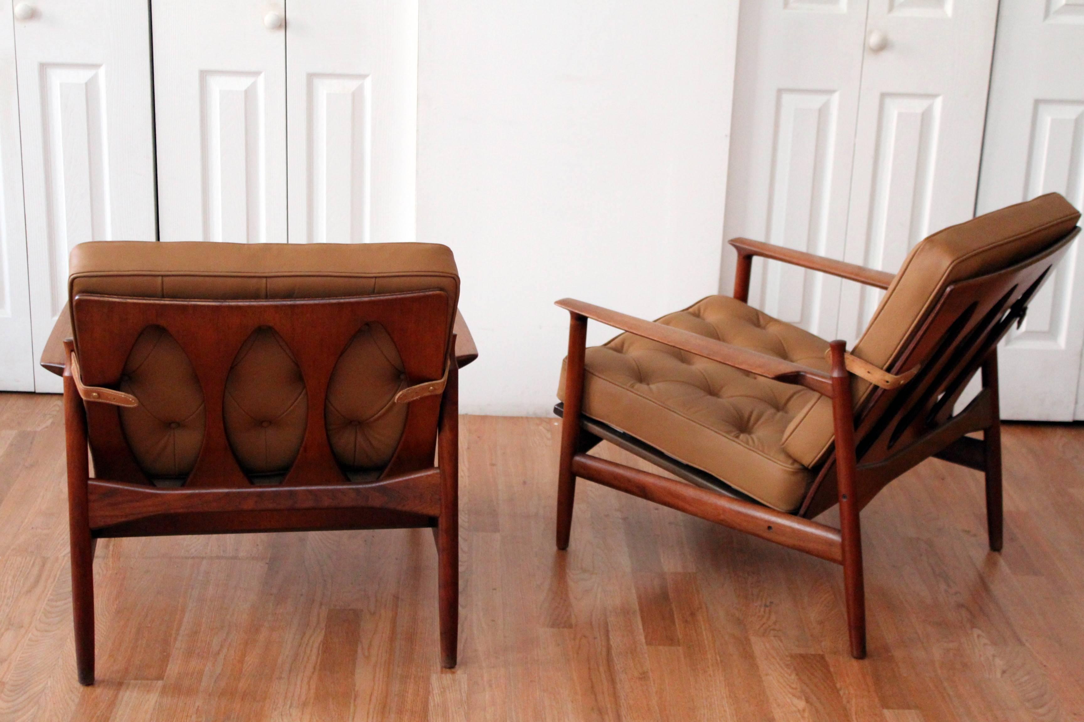 Scandinavian Modern Rare Kofod Larsen Selig Solid Walnut Leather Lounge Chairs