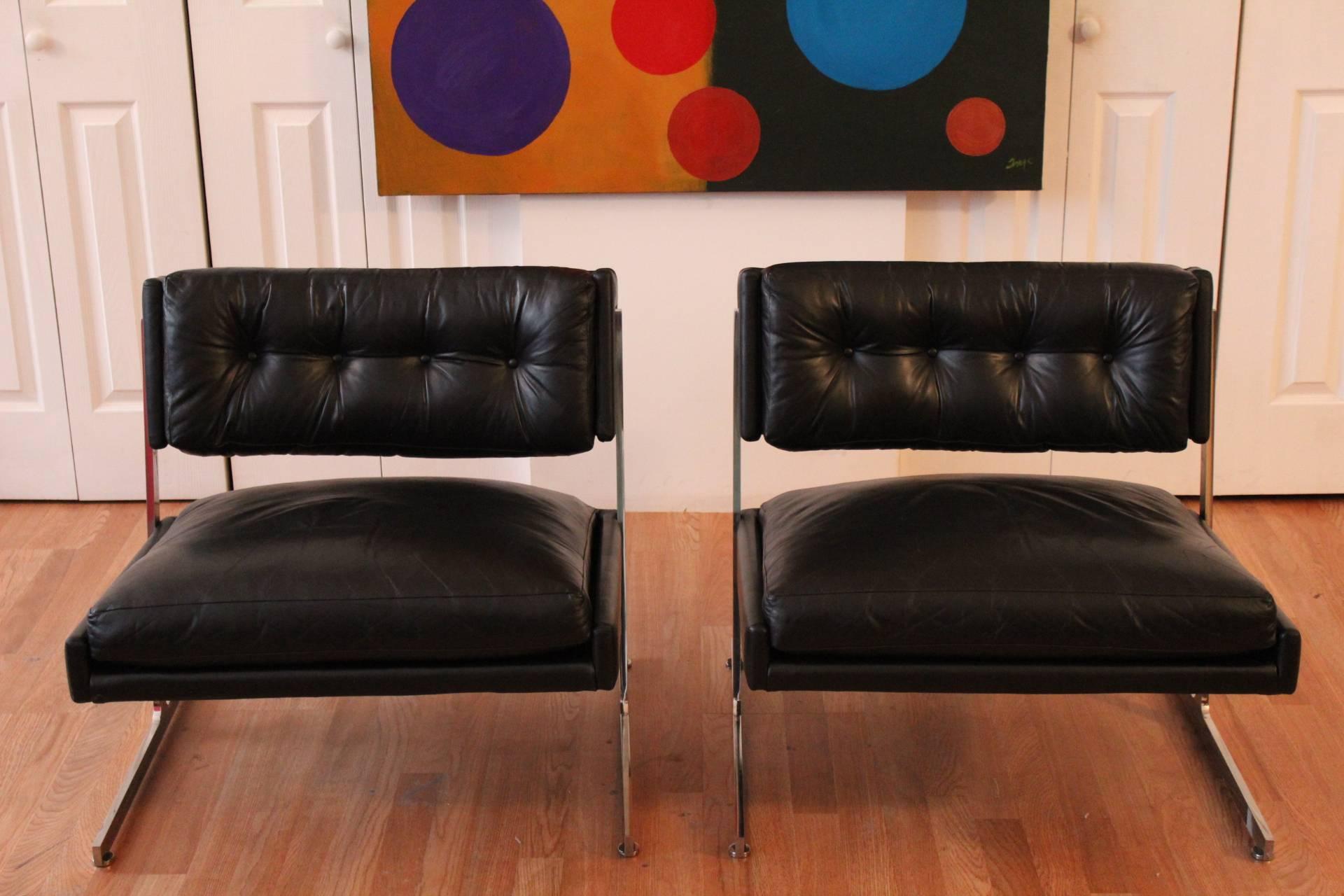Mid-Century Modern Harvey Probber Chrome and Black Leather Down Filled Lounge Chairs