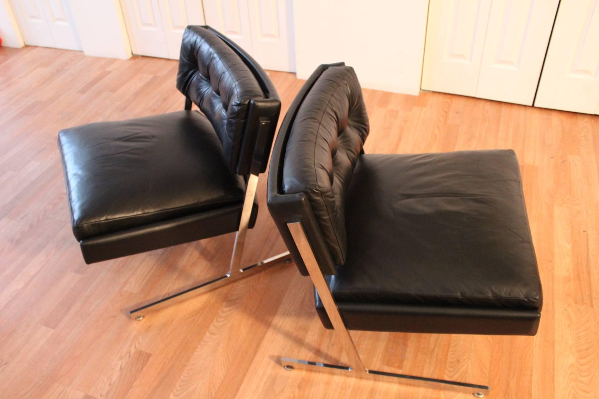 Harvey Probber Chrome and Black Leather Down Filled Lounge Chairs 2