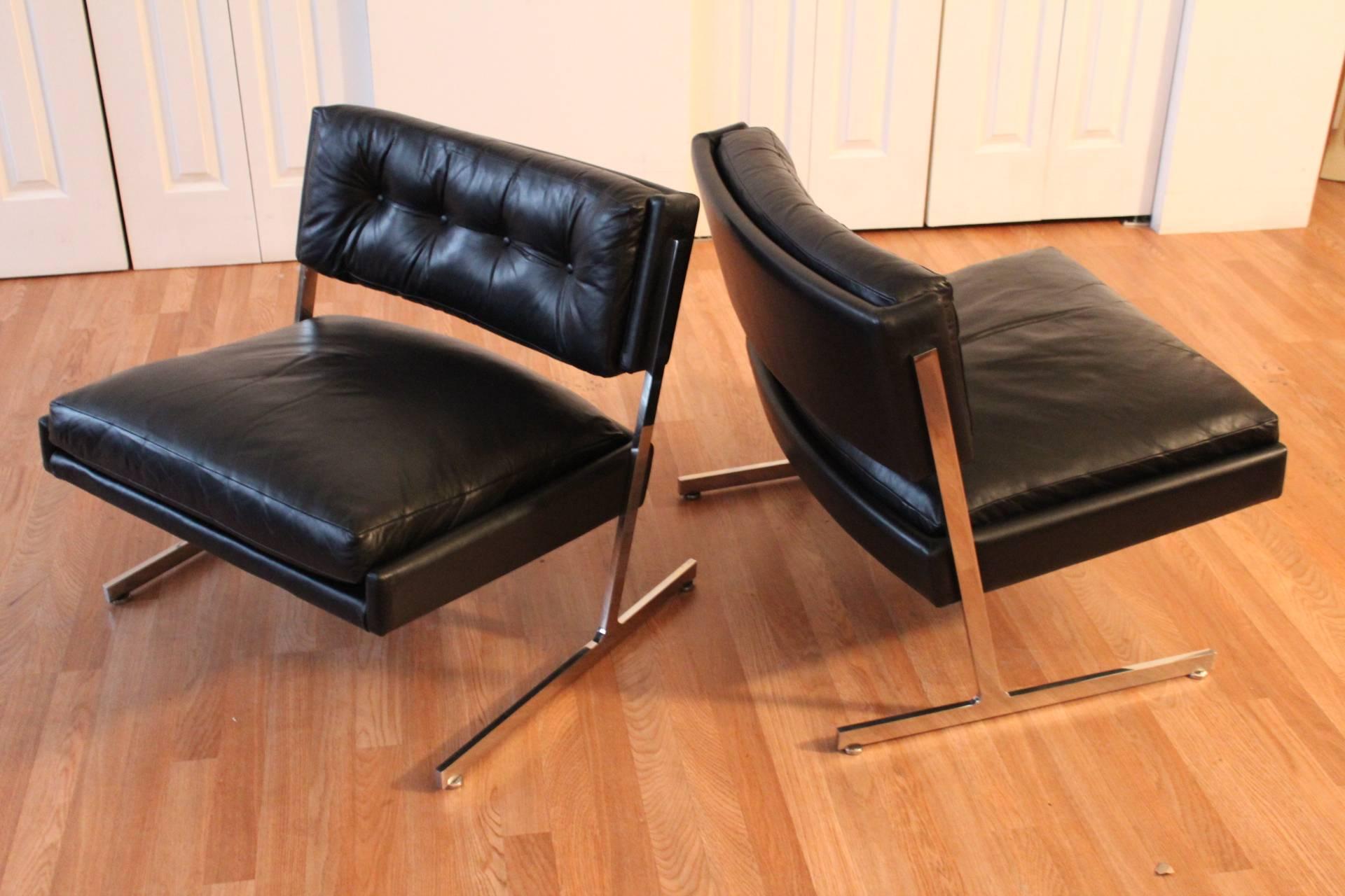Mid-20th Century Harvey Probber Chrome and Black Leather Down Filled Lounge Chairs
