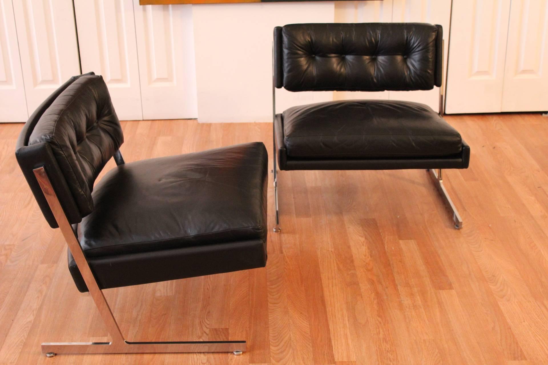 American Harvey Probber Chrome and Black Leather Down Filled Lounge Chairs