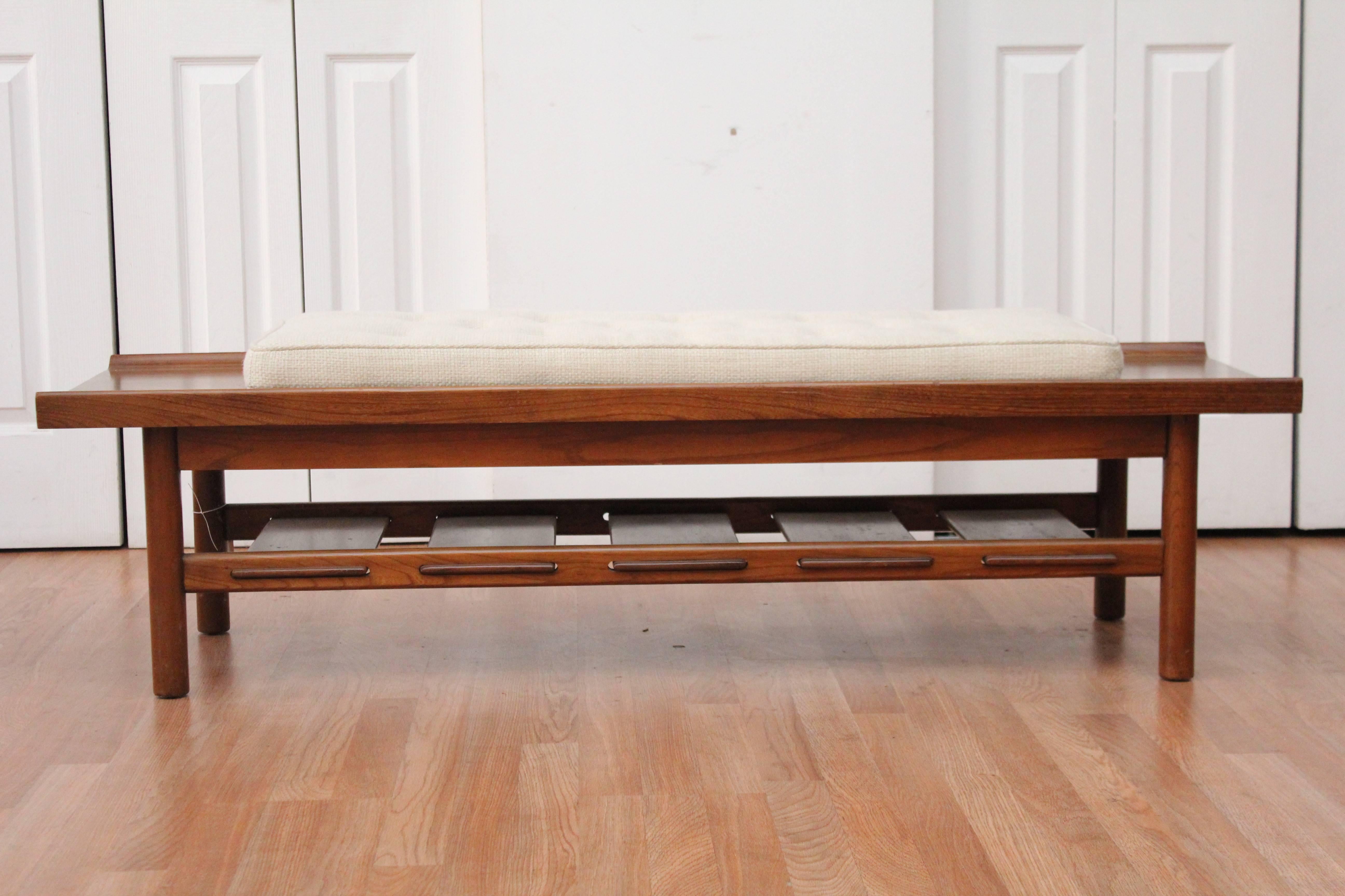 This MINT CONDITION SOLID WALNUT vintage Nemschoff bench doubles as a coffee table! Newly upholstered in 