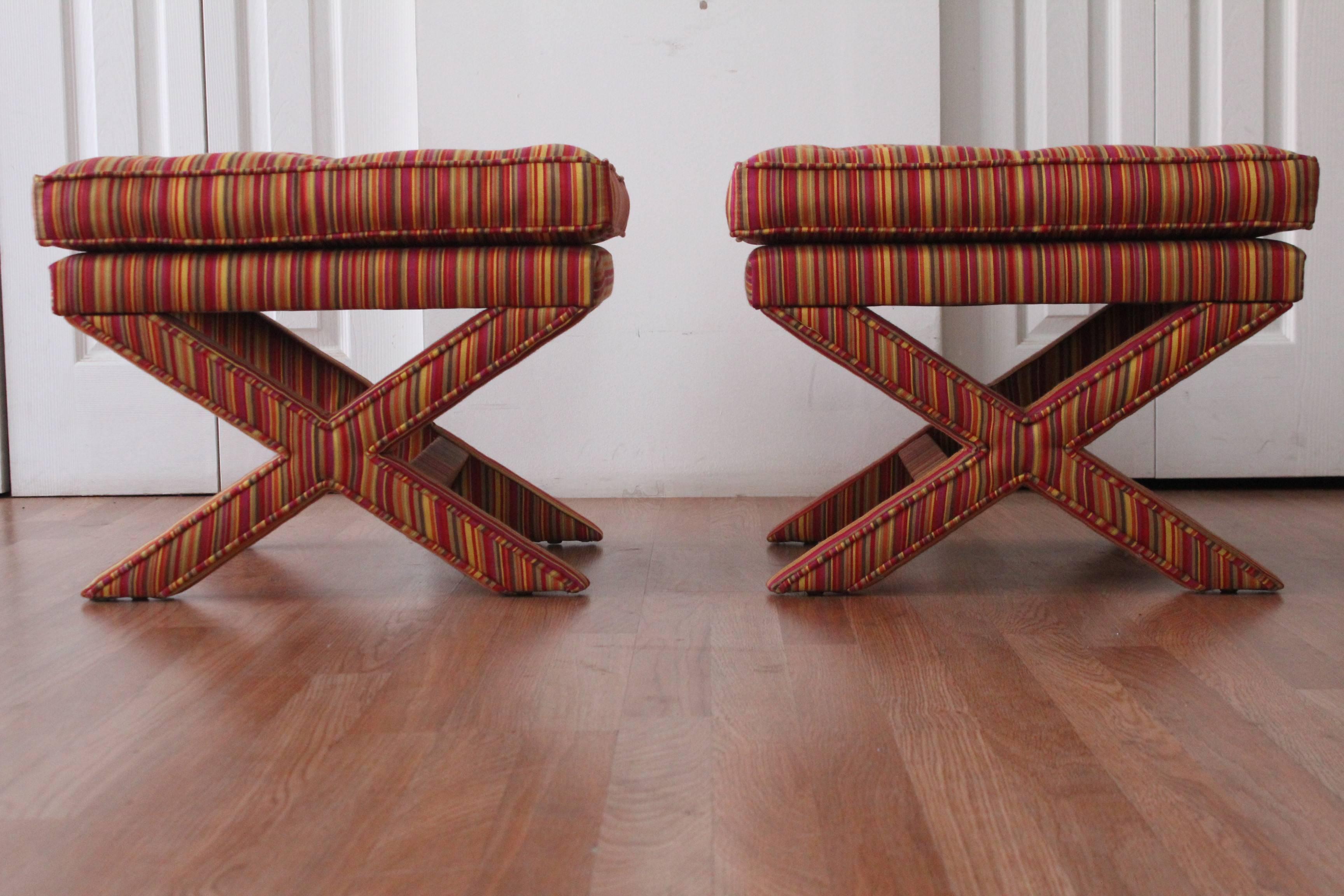 Authentic Billy Baldwin pair of "X" benches, circa 1960. Newly upholstered. 
These sweethearts are very well constructed and heavier than they look!