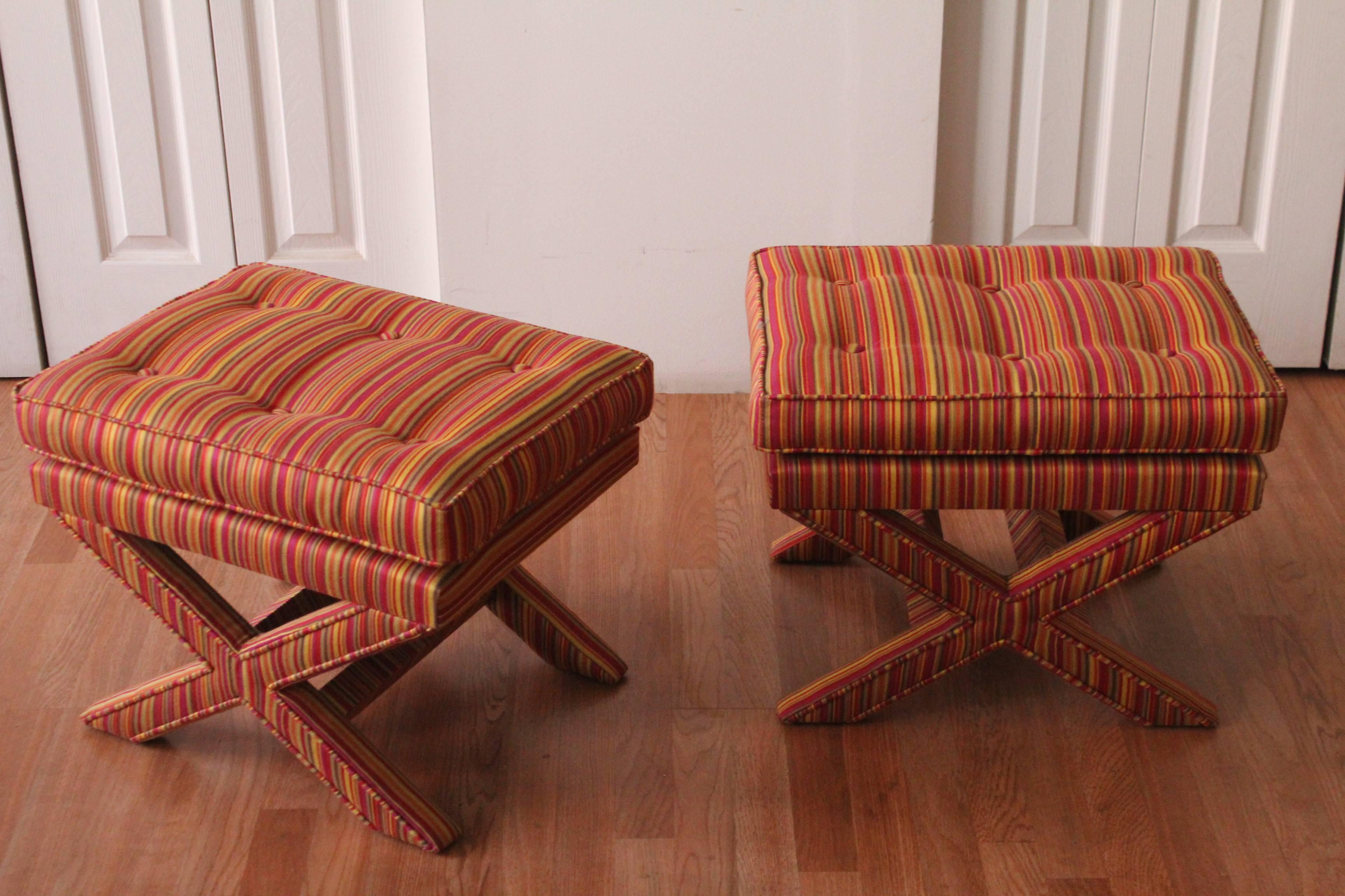 Pair of Mid-Century Modern X-Base Billy Baldwin Benches Footstools In Good Condition For Sale In Chicago, IL