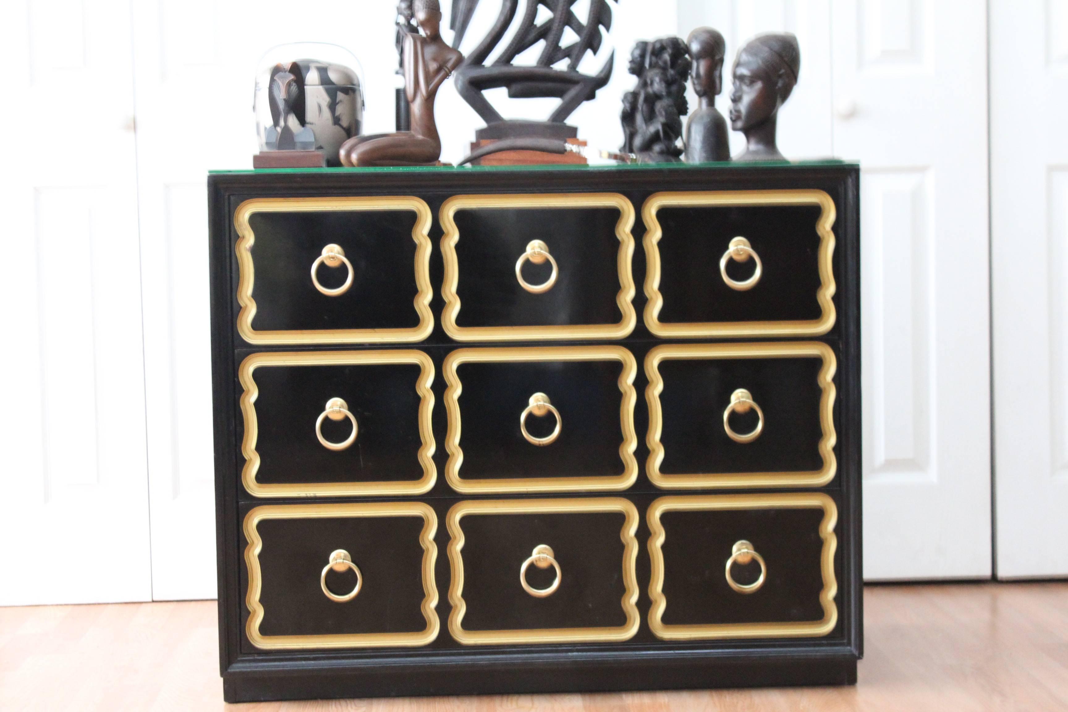 An orange moon is proud to offer this documented, authenticated, vintage original Dorothy Draper piece. 

This incredibly dramatic three-drawer lacquered and giltwood commode or chest is designed by Dorothy Draper, the 
