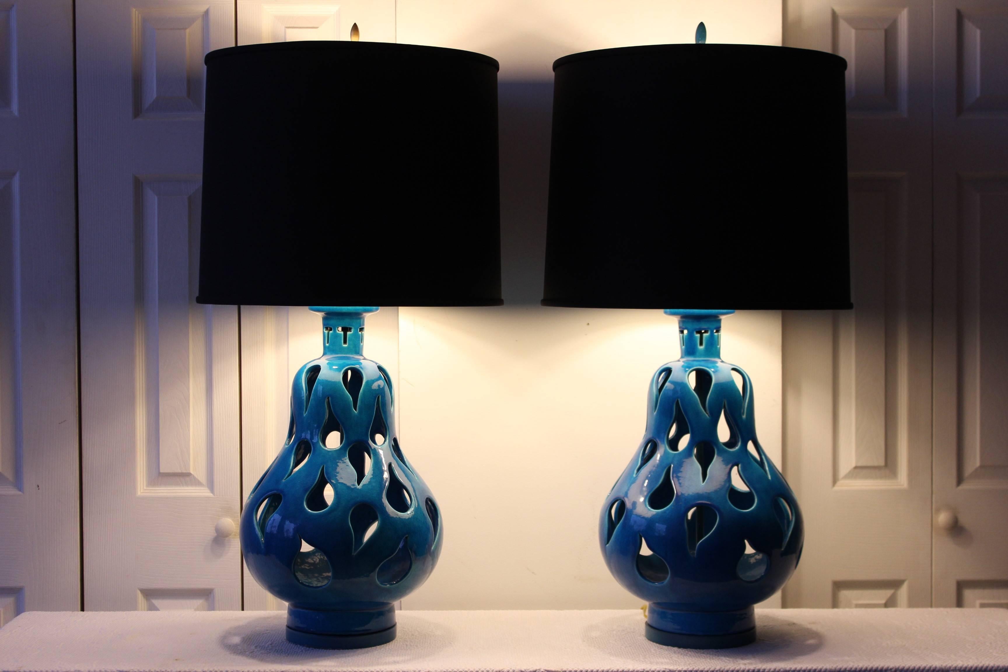 Hermes Blue Paisley Cut-Out Italian Table Lamps 1