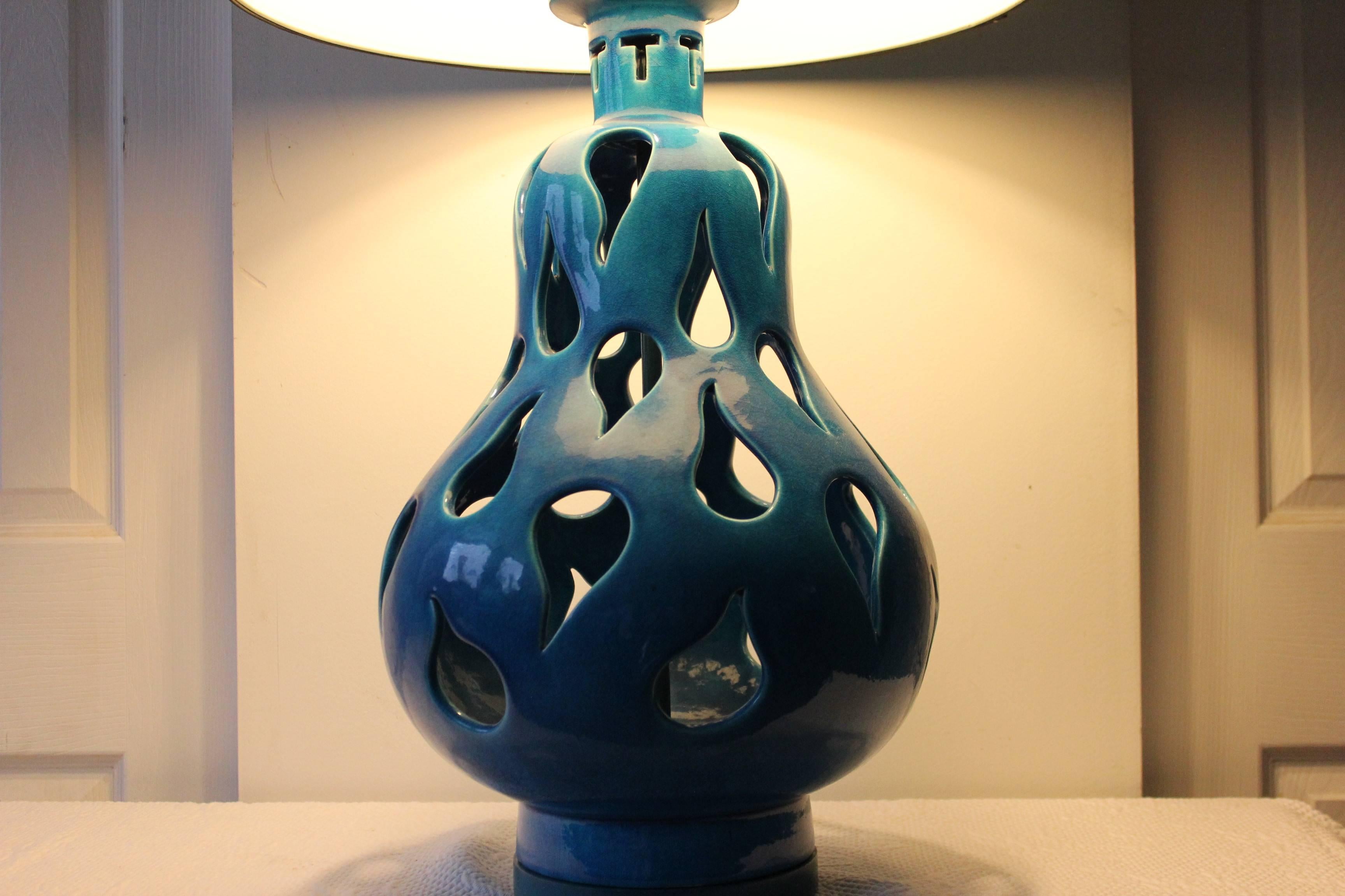 Metal Hermes Blue Paisley Cut-Out Italian Table Lamps