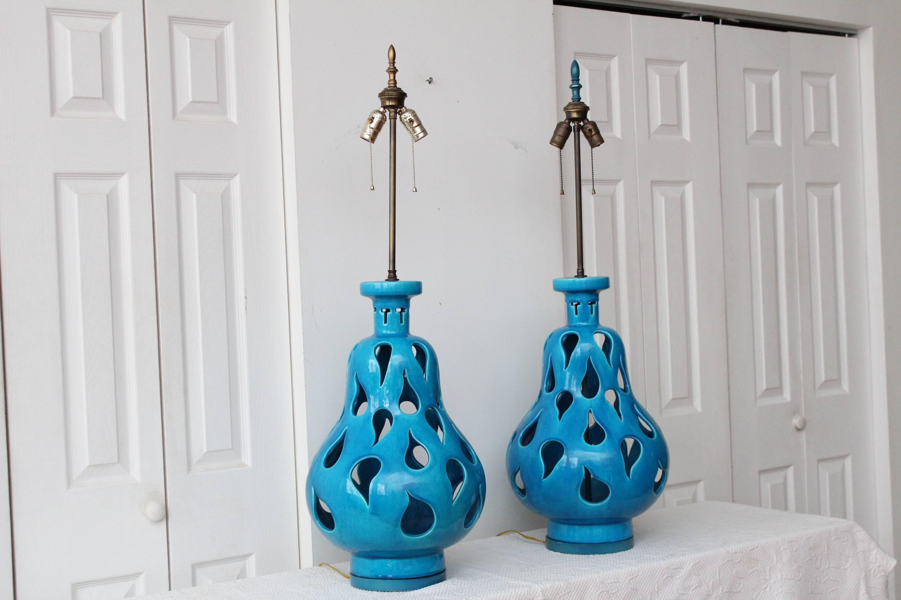 Moorish Hermes Blue Paisley Cut-Out Italian Table Lamps