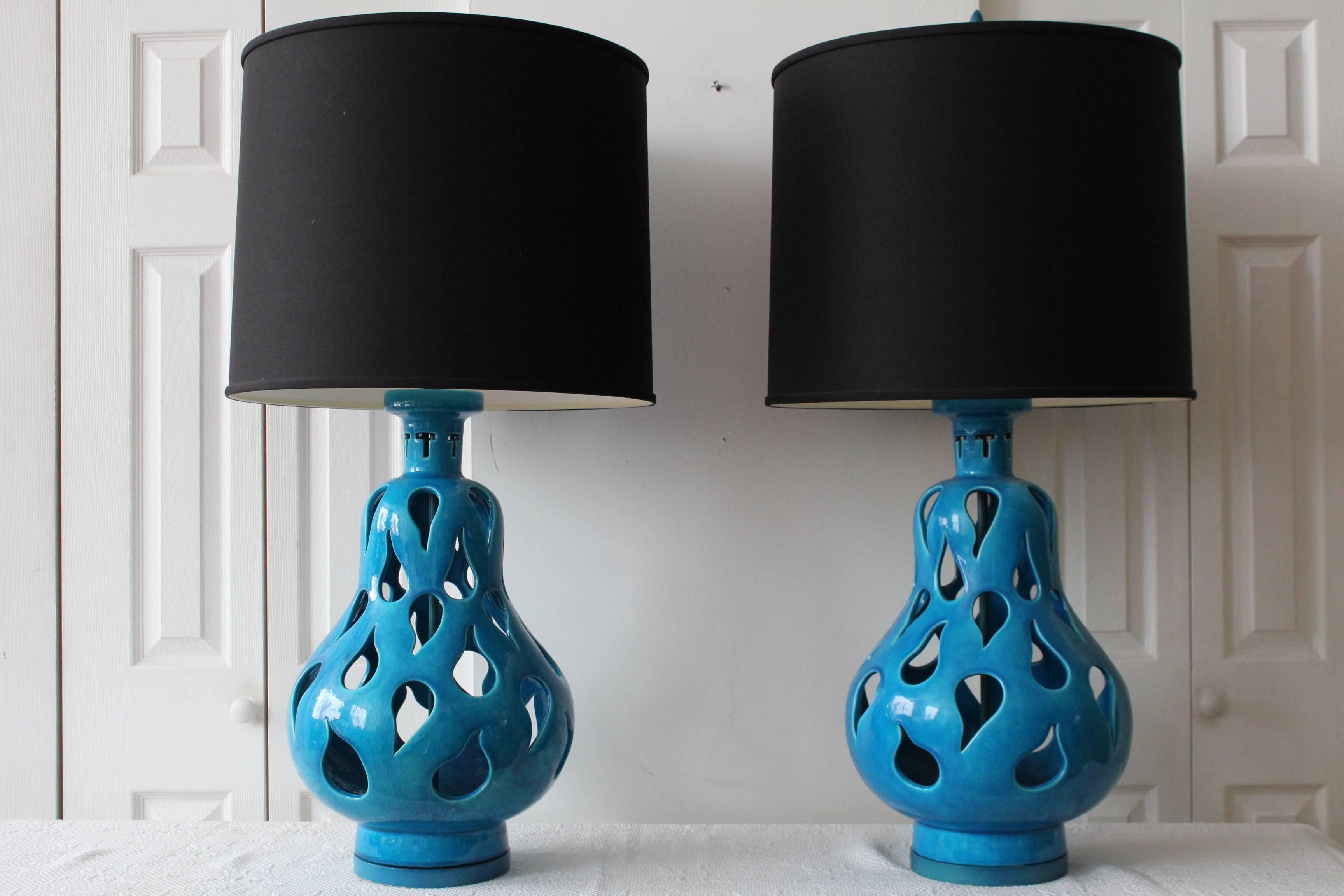 Mid-20th Century Hermes Blue Paisley Cut-Out Italian Table Lamps