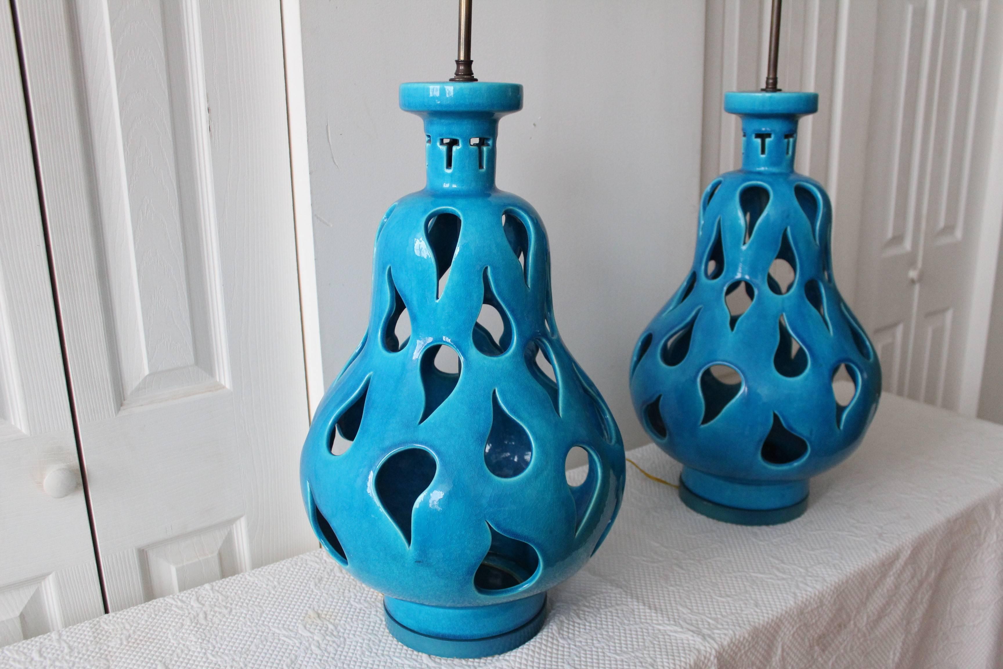 Glazed Hermes Blue Paisley Cut-Out Italian Table Lamps