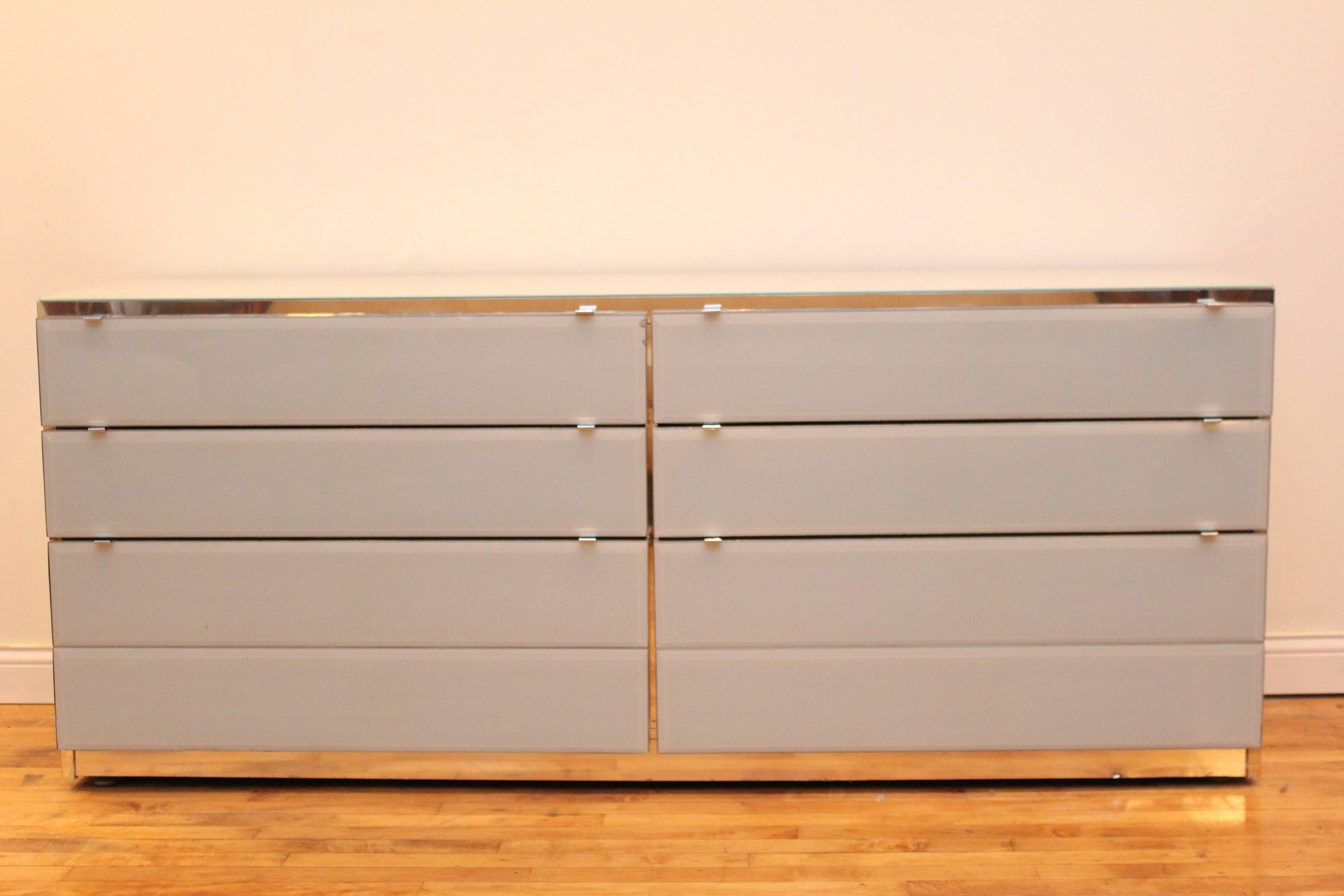 American Six-Drawer Double Ello Chrome and Glass Dresser Drawers