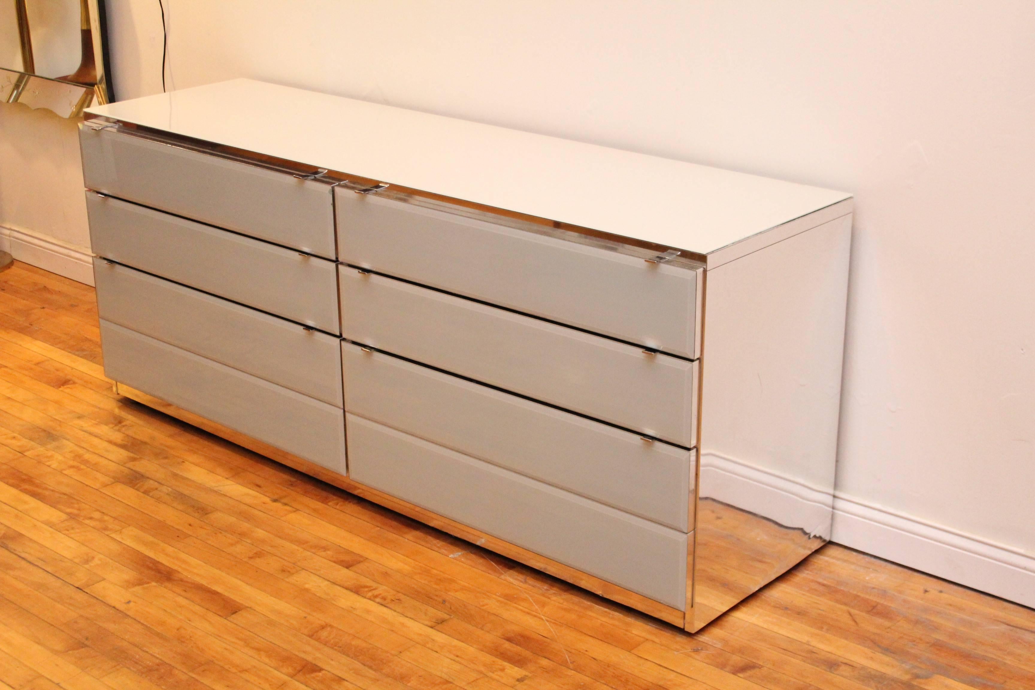 Polished Six-Drawer Double Ello Chrome and Glass Dresser Drawers