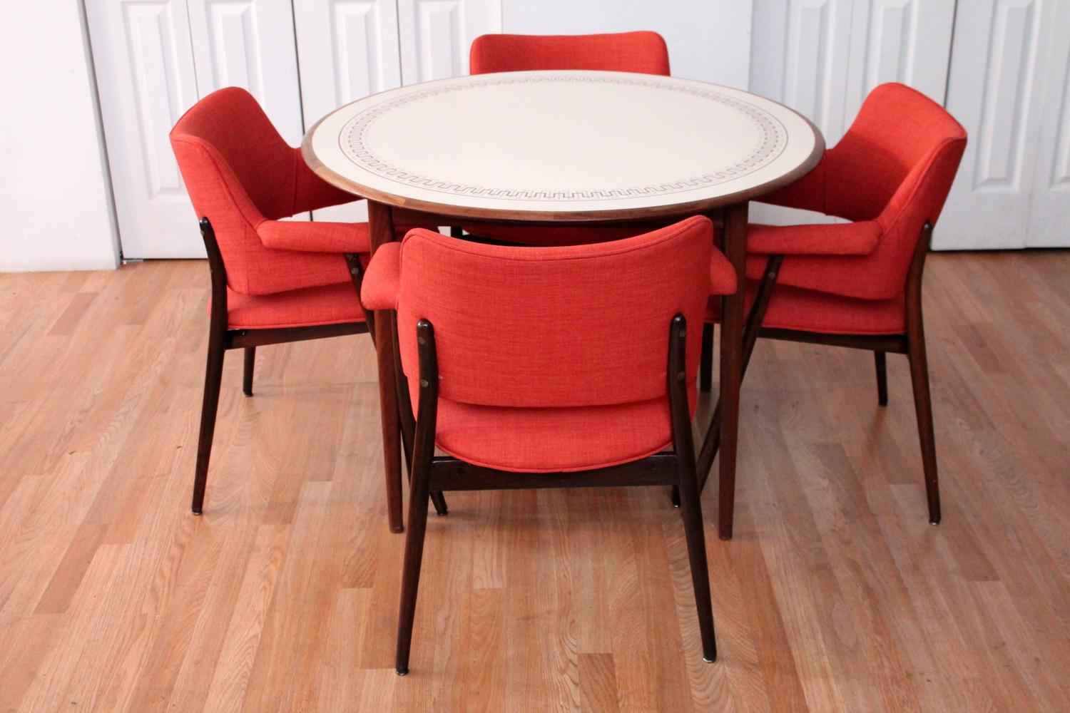 Orange Reupholstered MidCentury Modern Walnut Dining Chairs For Sale at 1stdibs