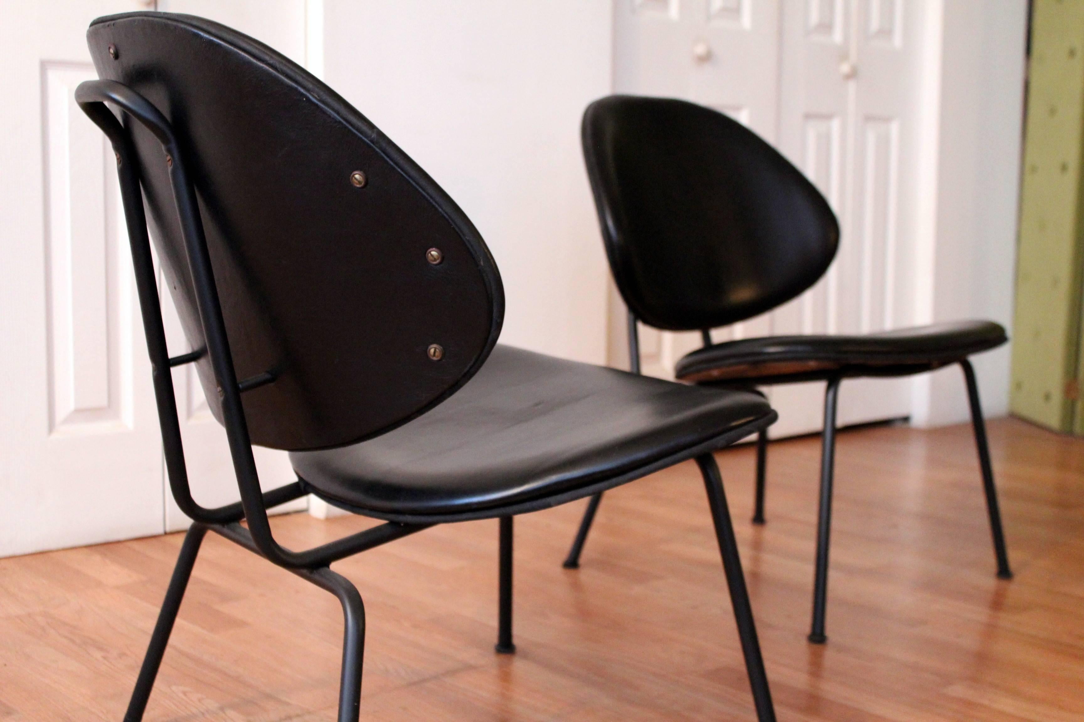 Mid-Century Modern Homecrest Black Leather Clam Shell Lounge Chairs