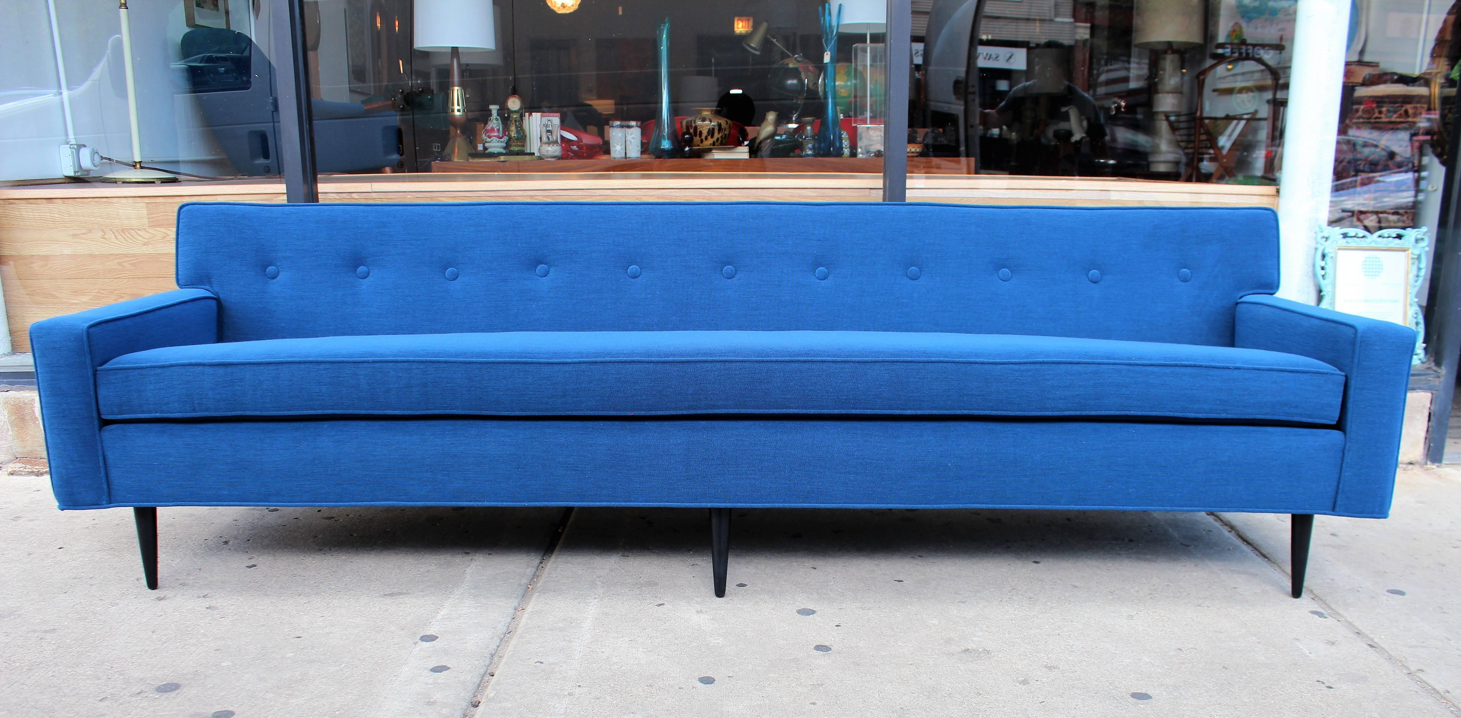 Blue is the new neutral! Exquisitely upholstered long, sexy, button tufted back, Mid-Century Modern 1960s sofa in a French *Epingle. Beautiful and luxurious. *Said to be more durable than Mohair, épinglé is constructed on a loom. The art of épinglé