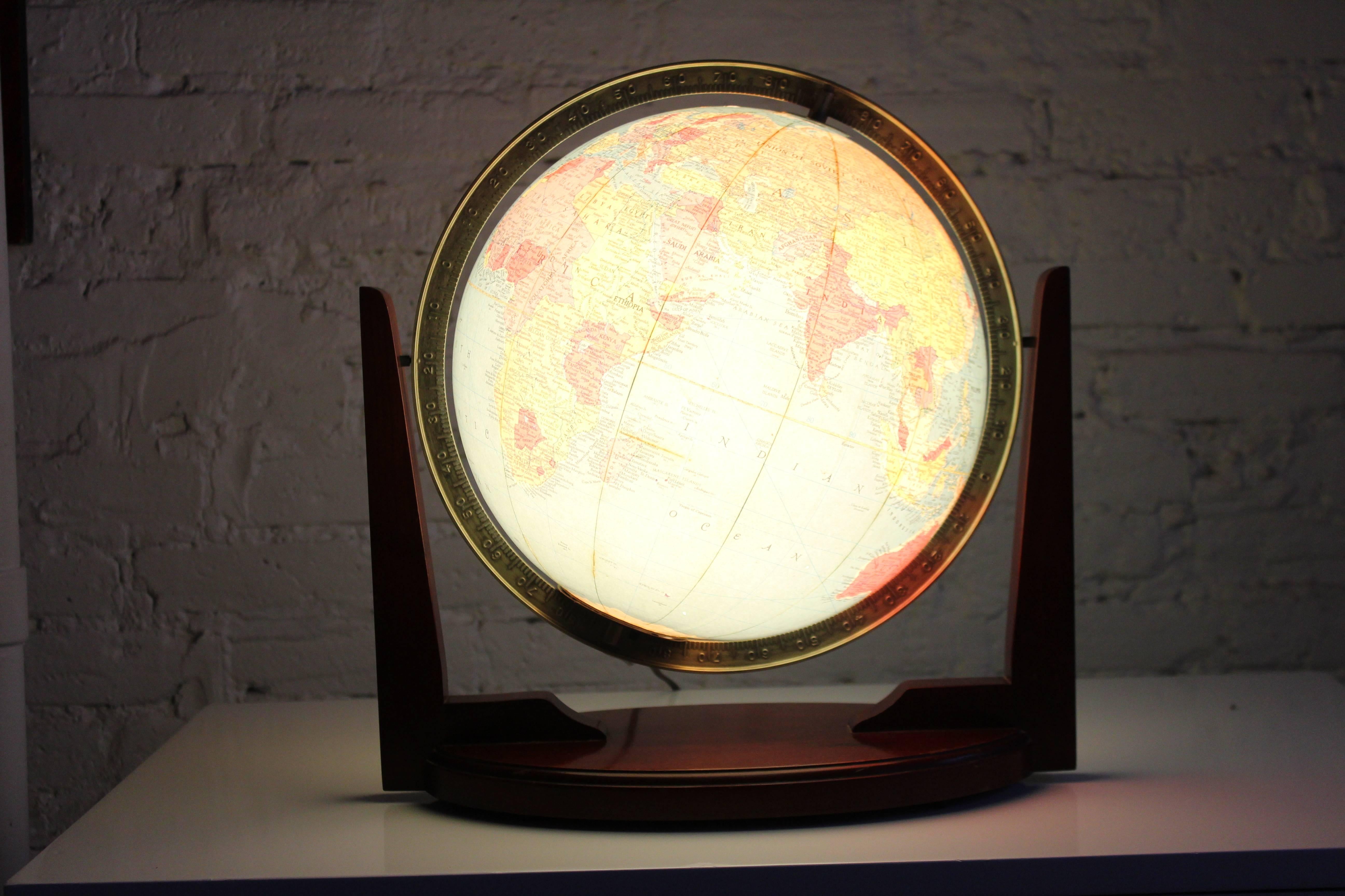 Designed and edited by Cartographer Gustav Brueckmann, this internally lit glass orb illuminated globe by Replogle does double duty as a serious collectors piece and desk or table lamp. Can you spot the countries that once were? Questions regarding