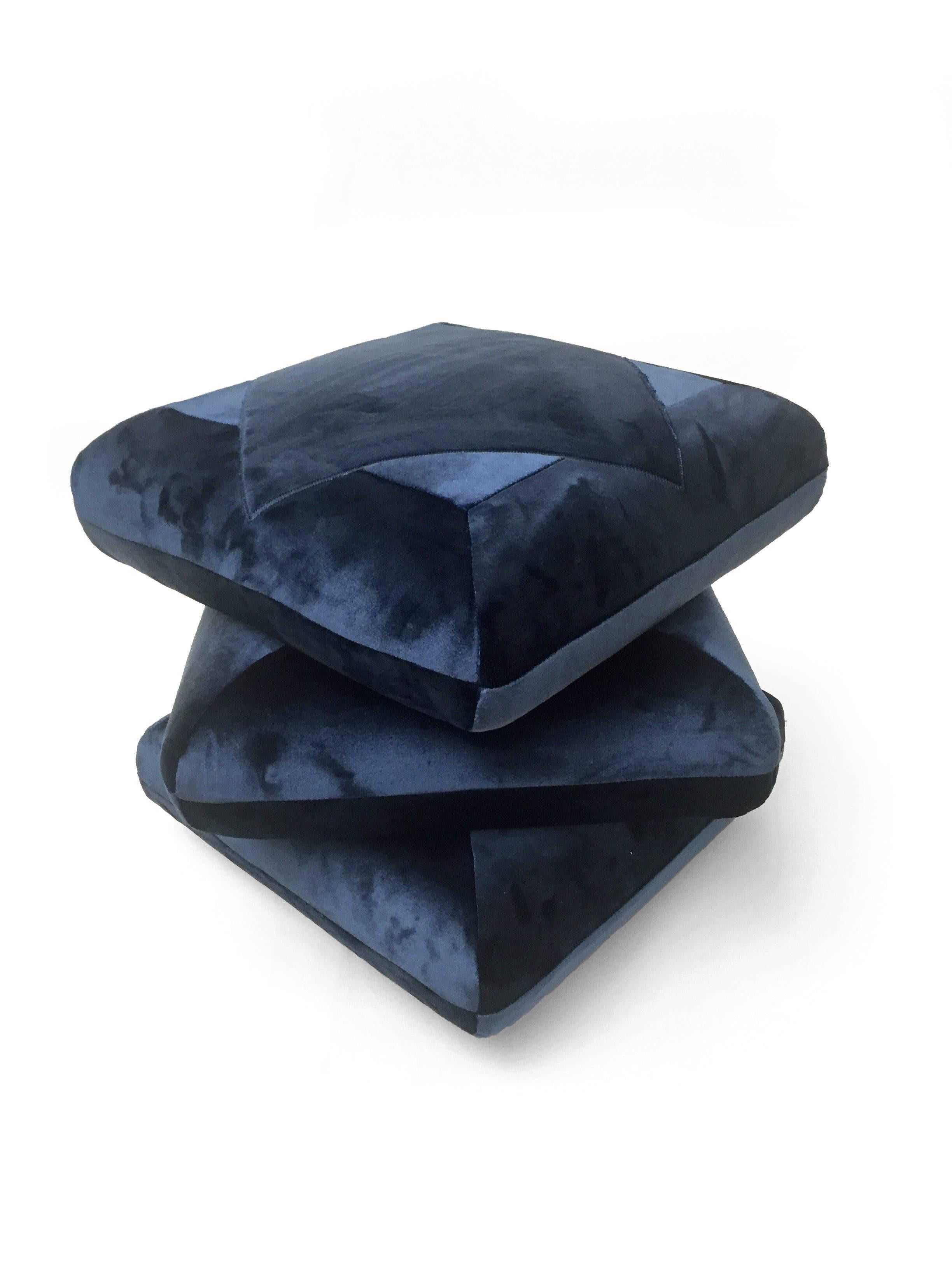 This velvet pouf has a unique geometric shape and pattern, all handmade and sewn in Italy. These poufs were originally inspired by a Renzo Mongiardino design and with a clear Ottoman influence, which he used in a few houses. They are made to order,