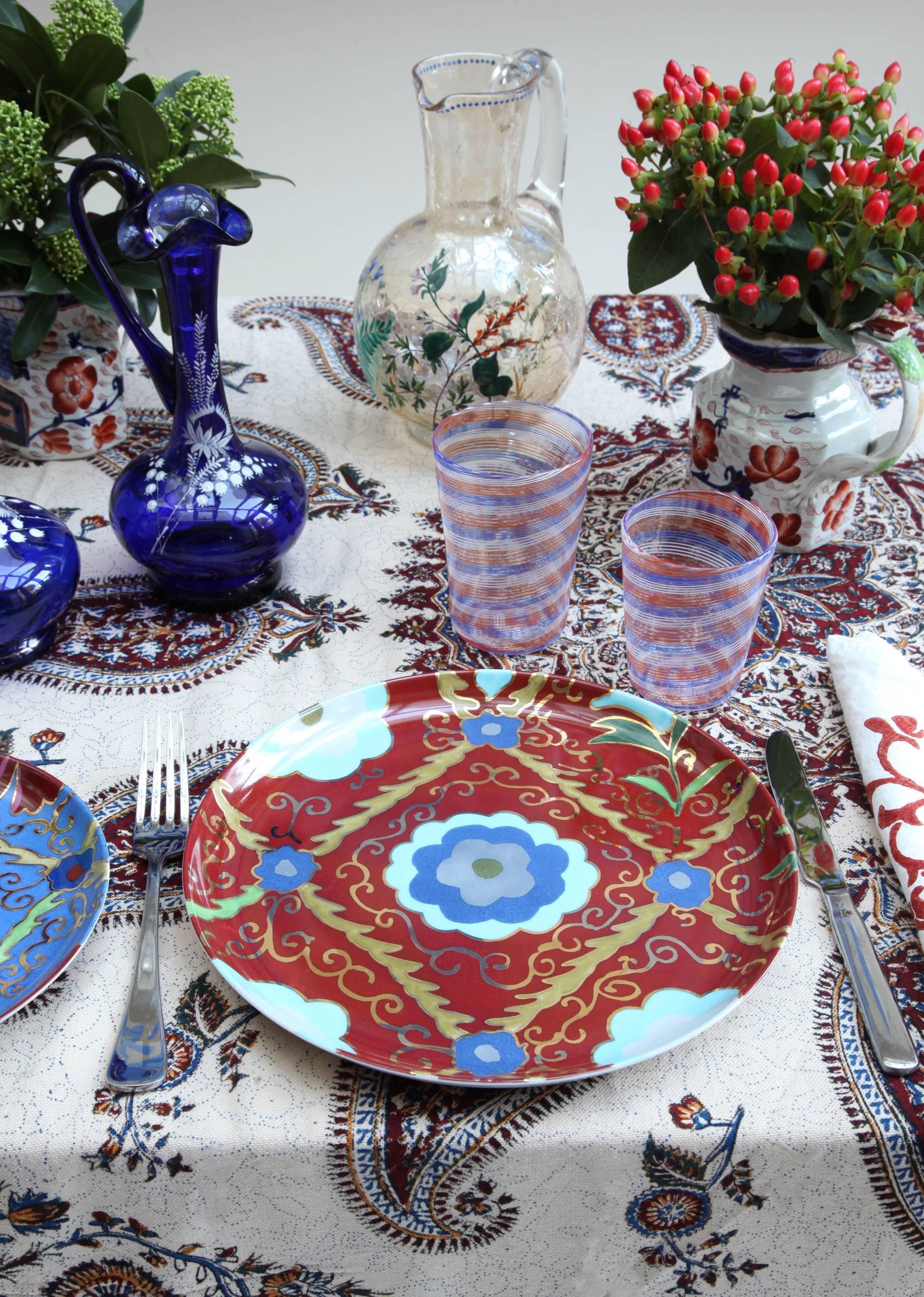 Contemporary Set for Six Porcelain Suzani Motif Dinner and Dessert Plates by Arjumand's World For Sale