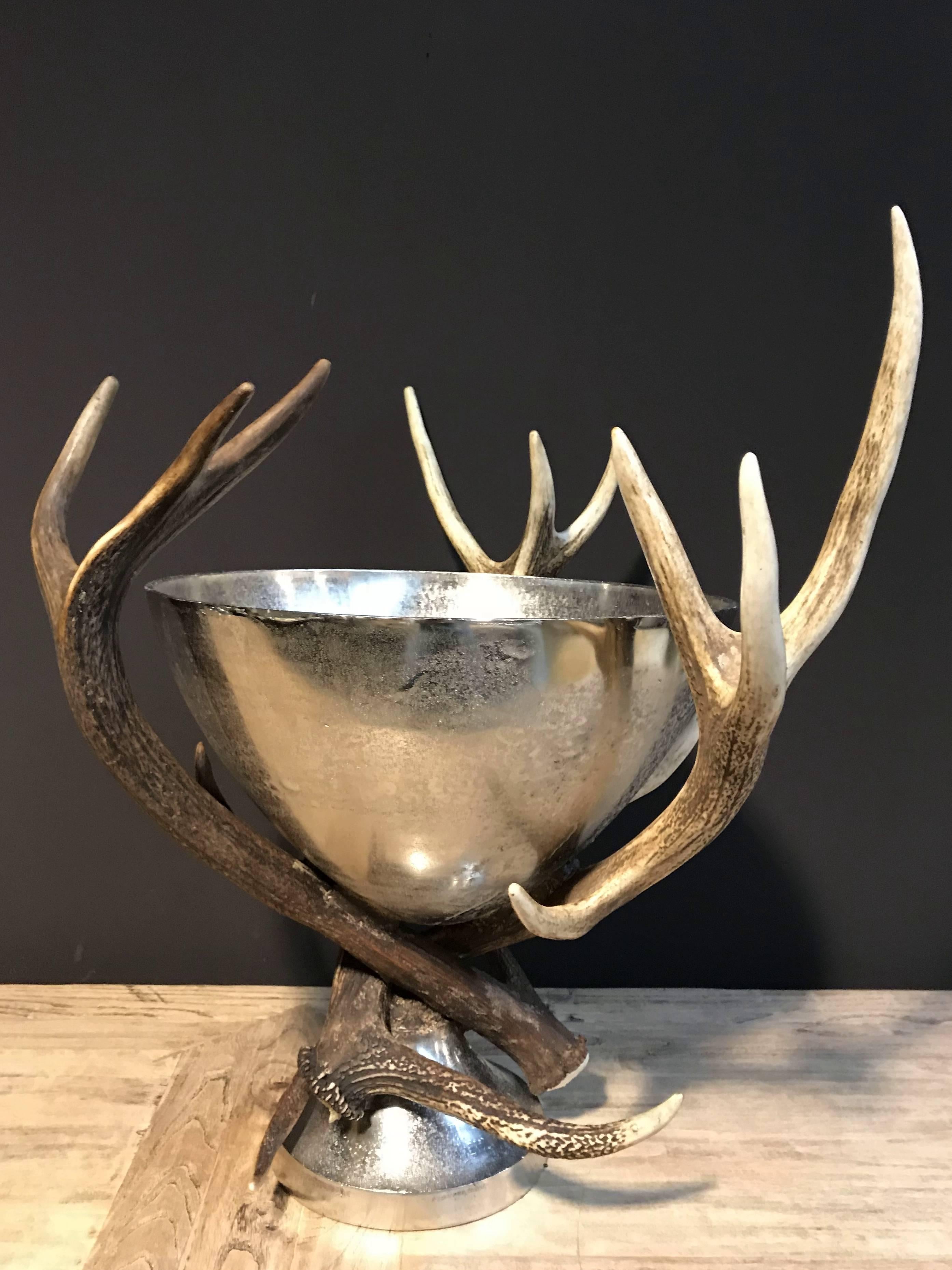 Raffreddatore per champagne realizzato con corna di cervo rosse, un pezzo molto decorativo da riempire con ghiaccio e bottiglie di vino o champagne.