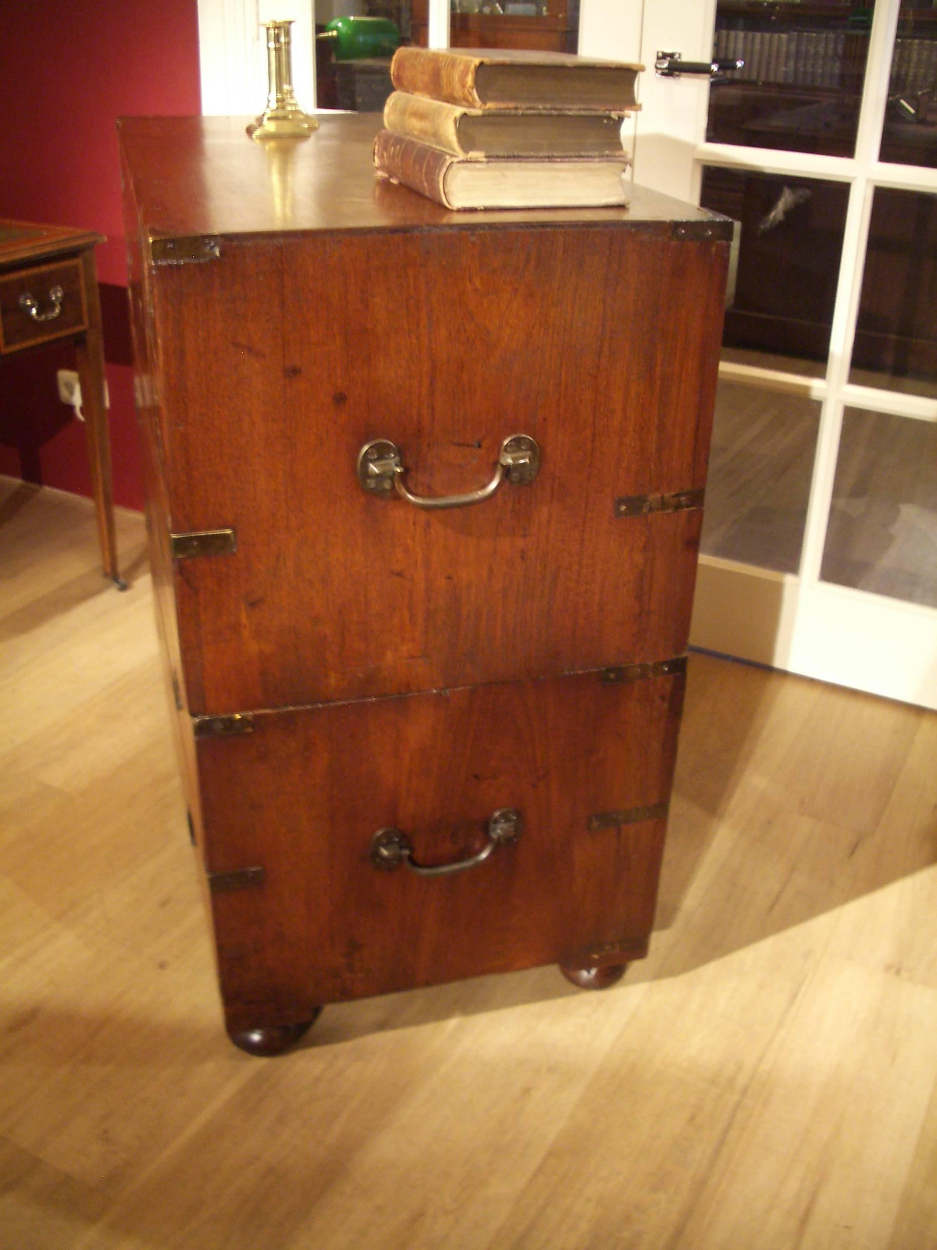 Wood Victorian Colonial Anglo-Indian Teak & Brass Military Officer’s Campaign Chest